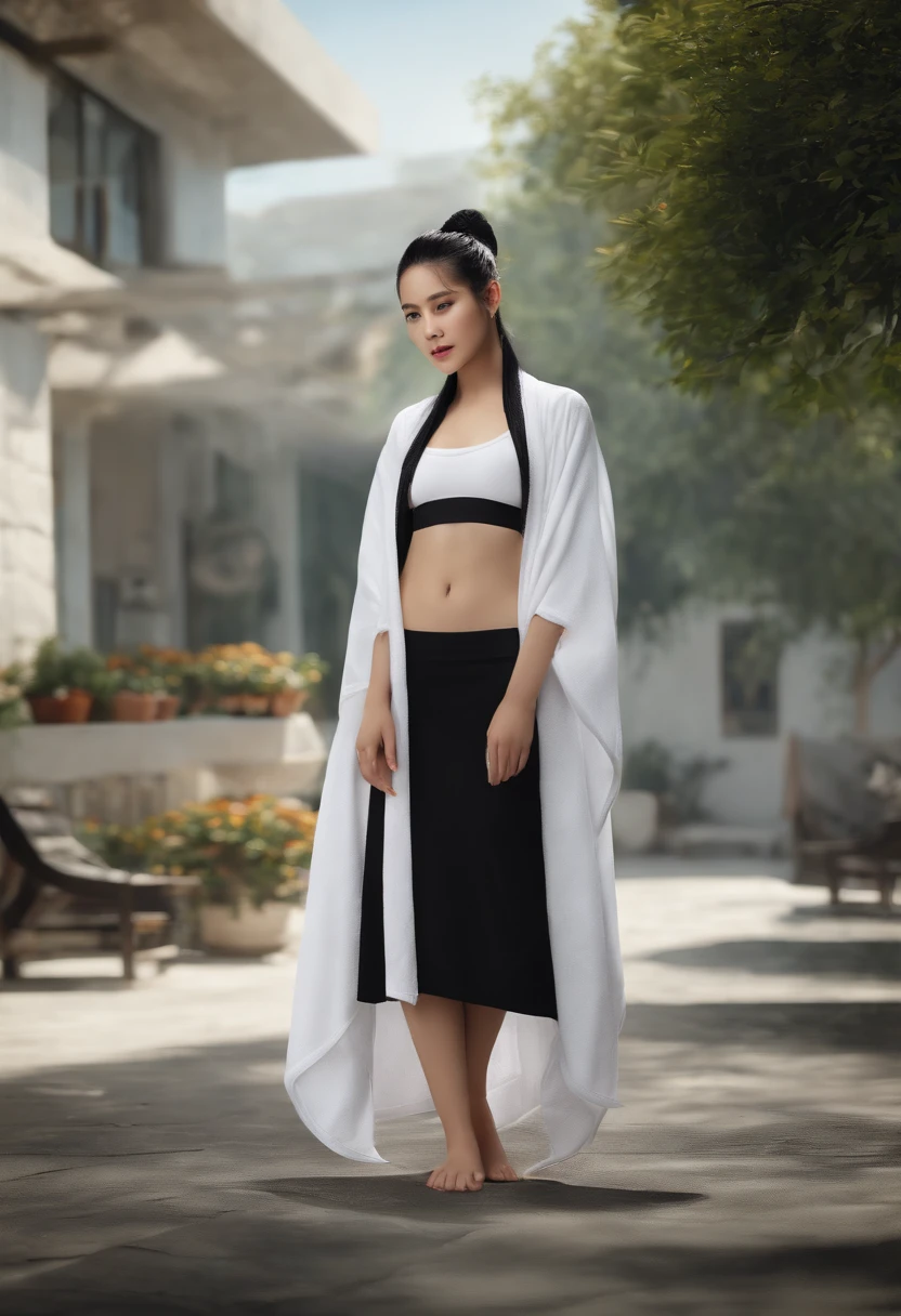 white backgrounid,schoolgirls,Wear a bath towel,black ponytail,slippers,Bigchest,standing on your feet,extreme hight detail,Personality,Side Body
