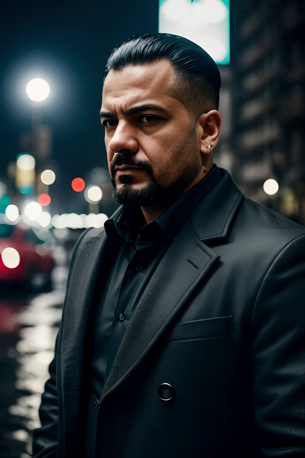 crie uma imagem de um mafioso, pinky blinders, homem branco, cabelo preto, barba preta, london background, cold and raining, Cyberpunk, 8k, Hiper realista, cinemactic, foco no rosto do soldado, The photo is taken with an 18 mm wide-angle camera, em 8k fotorrealismo, creating an image that evokes amazement and amazement at the destruction of the city, ouro. zoom no rosto