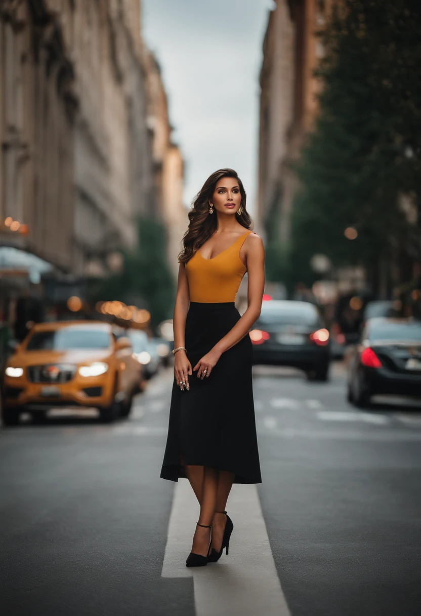 A stunning beauty with flawless features captivates the city streets in a realistic professional and marketing photoshoot. Through the lens of an 85 mm, her alluring gaze creates a magnetic connection with the viewer. Every detail, from her perfectly contoured face to her graceful posture, exudes confidence and elegance. The bustling urban backdrop, adorned with architectural marvels, adds depth and sophistication to the composition. This visually striking portrayal showcases the epitome of contemporary beauty in a vibrant metropolis.