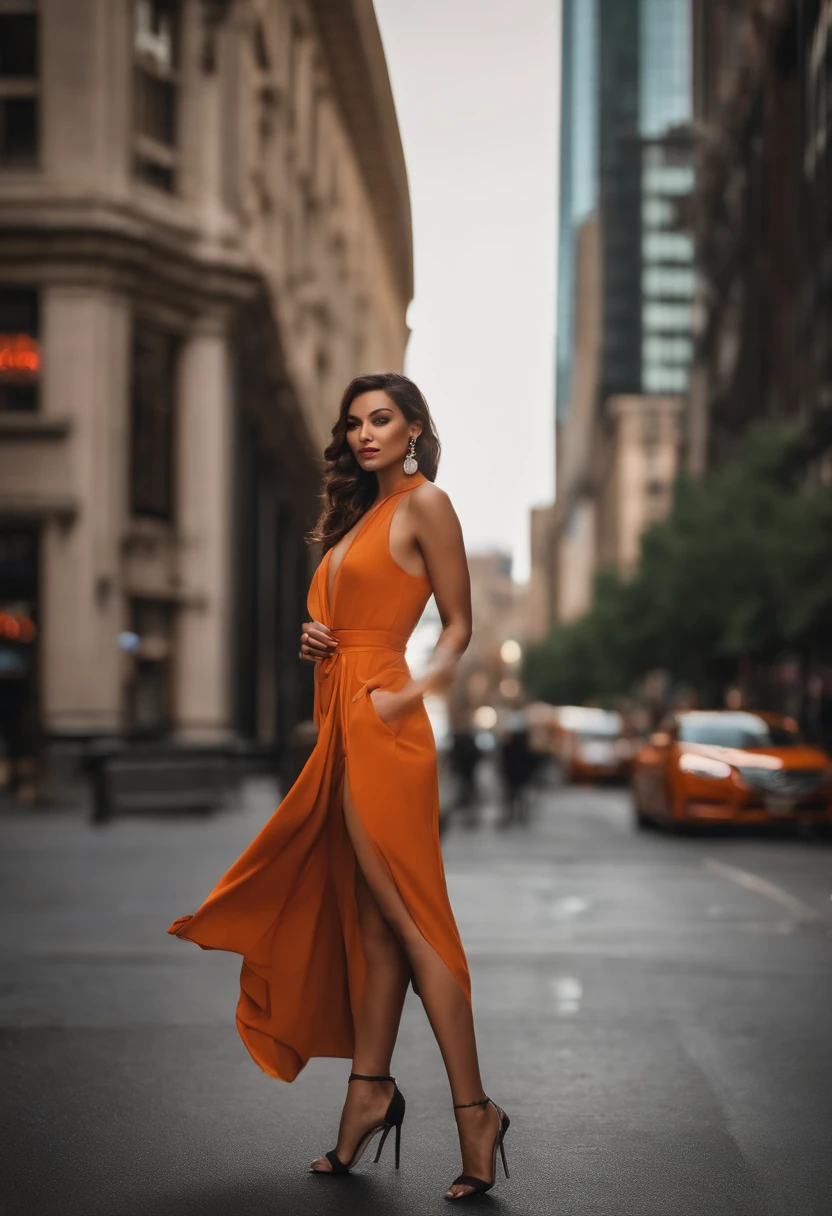 A stunning beauty with flawless features captivates the city streets in a realistic professional and marketing photoshoot. Through the lens of an 85 mm, her alluring gaze creates a magnetic connection with the viewer. Every detail, from her perfectly contoured face to her graceful posture, exudes confidence and elegance. The bustling urban backdrop, adorned with architectural marvels, adds depth and sophistication to the composition. This visually striking portrayal showcases the epitome of contemporary beauty in a vibrant metropolis.