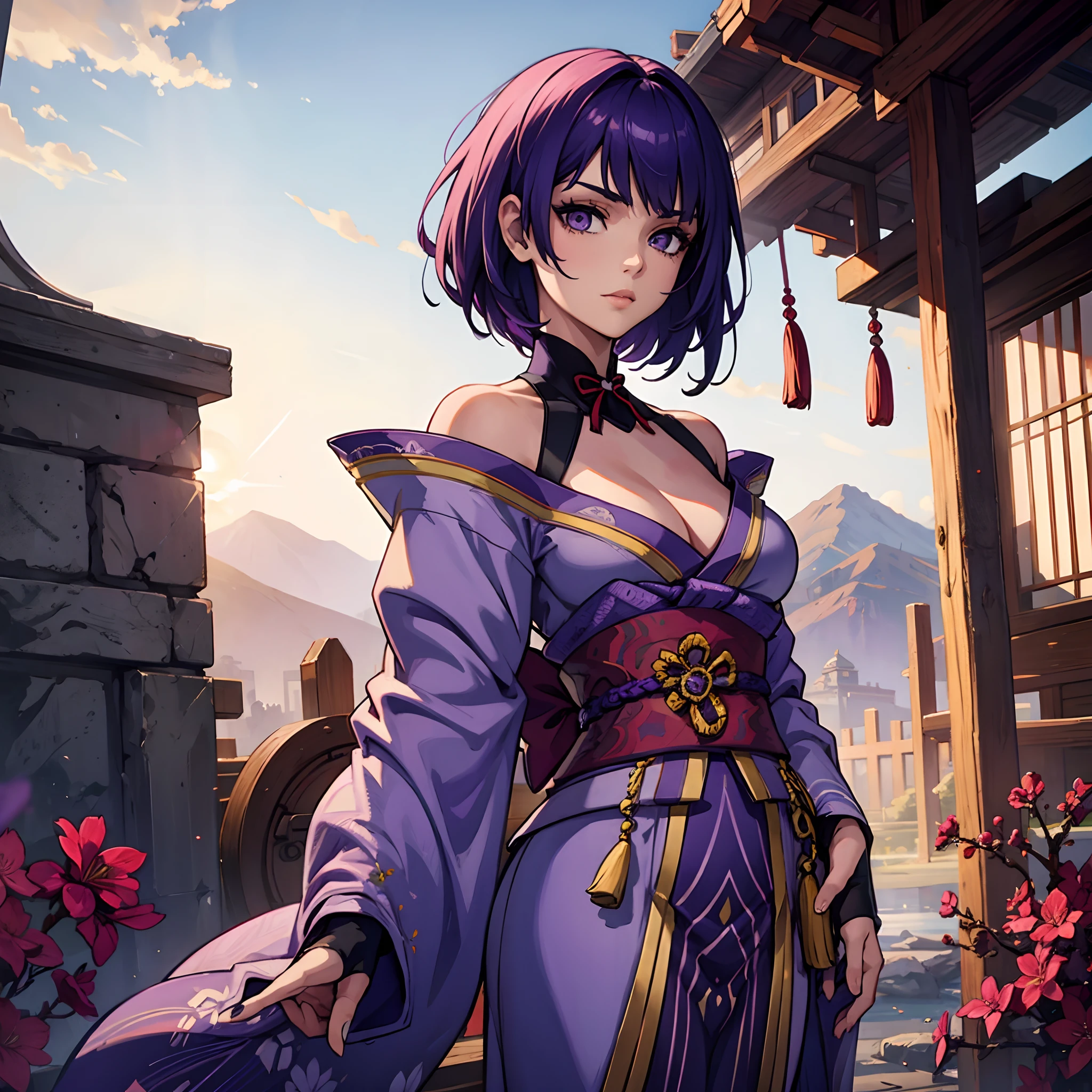 female with short purple hair wearing kimono