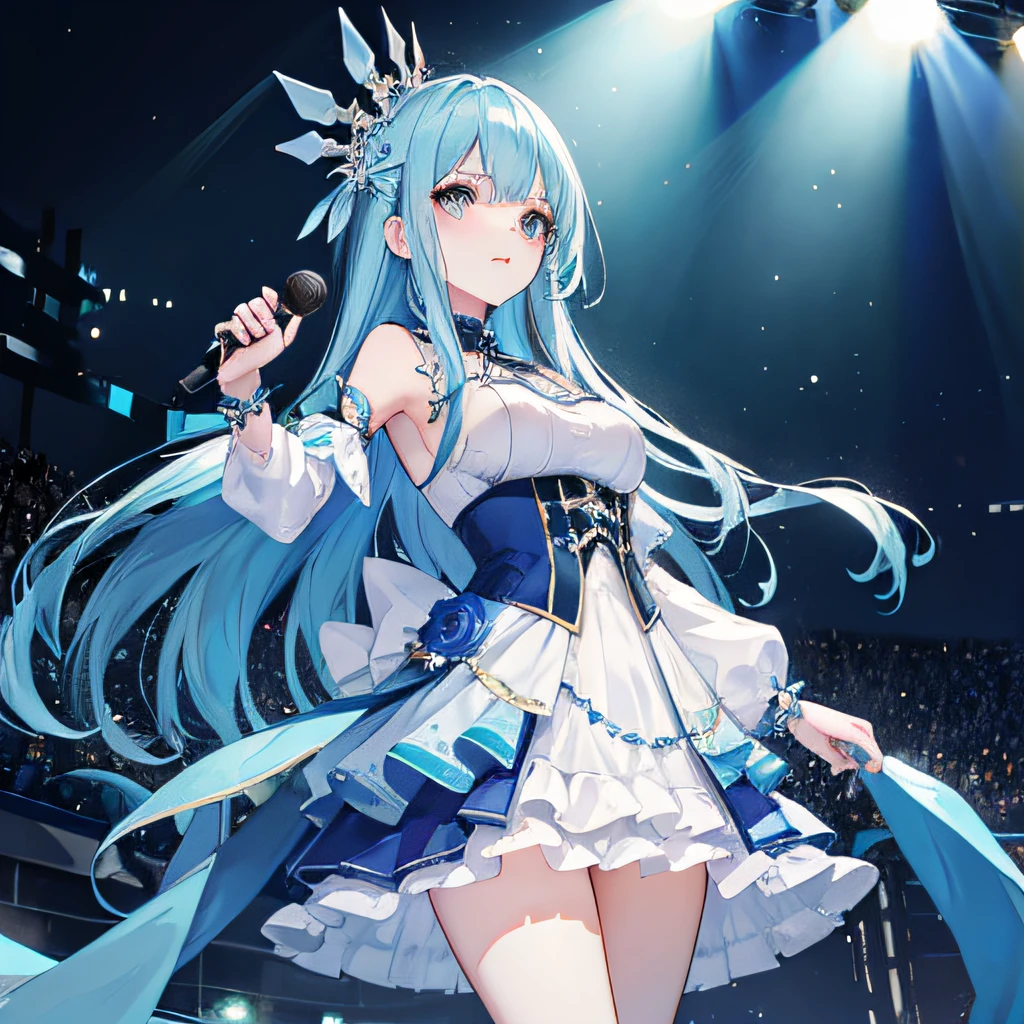 Illustration, cinematic light, high resolution, best quality, super detailed, detailed face, (detailed eyes), highest quality, super detailed, masterpiece, (detailed face), pretty face, best smile, striped hair, sexy mature woman transparent (goth loli costume: 1.5), cloth, choker, open cloth, NSFW, high heels, blue eyes, neon small glowing hair edges, AI fantasy concert, Shining lighting, idol, with neon details, (live stage: 1.15), (singing holding the microphone in left hand: 15), (crowded audience in the background), light reflection, heart-shaped iris, playful eyes, open shoulders, (wet body), small glowing butterfly, hair jewelry