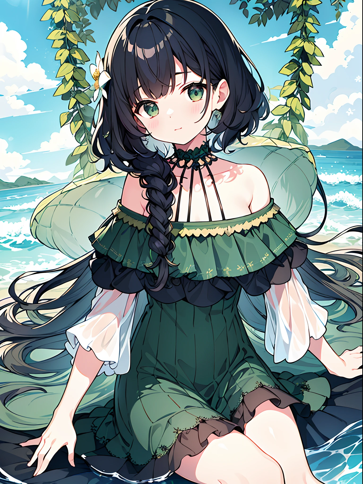 One ,Black slightly curly hair,sea shell,Wear a green dress,Black color hair,Wide sea water,with flowers and plants,best qualtiy,super detailing,Good atmosphere,delicated,cg render,detail render,(Delicate facial portrayal)(Fine hair depiction)(highest quality)(Master masterpieces)(High degree of completion)(a sense of atmosphere)8k wallpaper,tmasterpiece,ultra - detailed(half-body portrait)