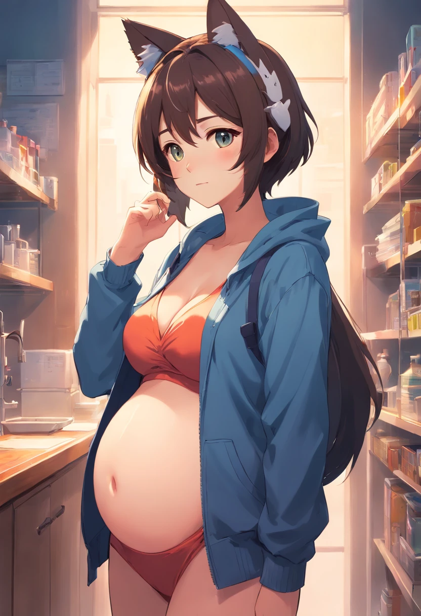 1girl in, Have cat ears, small breast, Wear a maternity suit