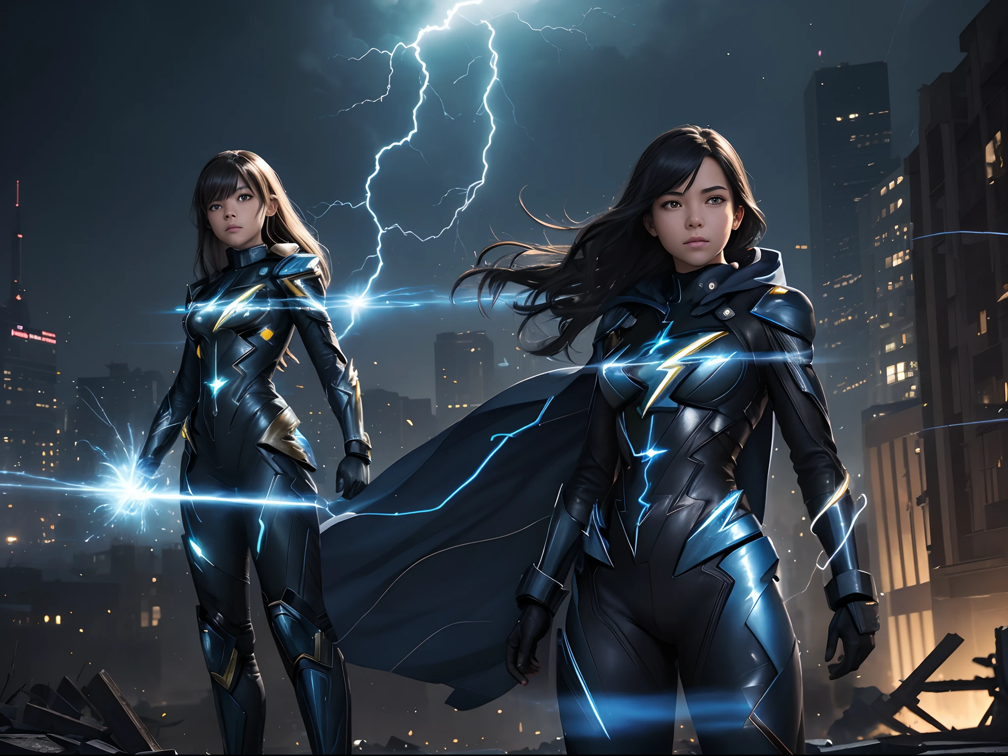 (A 17-year-old young woman emits blue and black lightning particles around her soul's body), 3D rendering of, Movie special effects, Movie lighting, city in ruins, Clear HD, 8K resolution, Very detailed, Digital painting, concept-art, Shinkai Makoto style, Popular trends, Pop, Fashion trends, Popular trends on Pixiv.