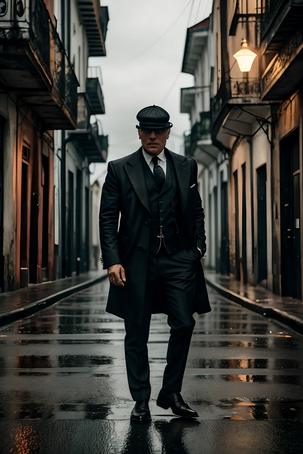 crie uma imagem de um mafioso, persianas pinky, peaky blinders theme, homem branco, cabelo preto, barba preta, Antecedentes de Londres, frio e chuva,  Cyberpunk, 8k, Hiper realista, cinemactic, foco no rosto do soldado, The photo is taken with an 18 mm wide-angle camera, em 8k fotorrealismo, creating an image that evokes amazement and amazement at the destruction of the city, ouro. zoom no rosto