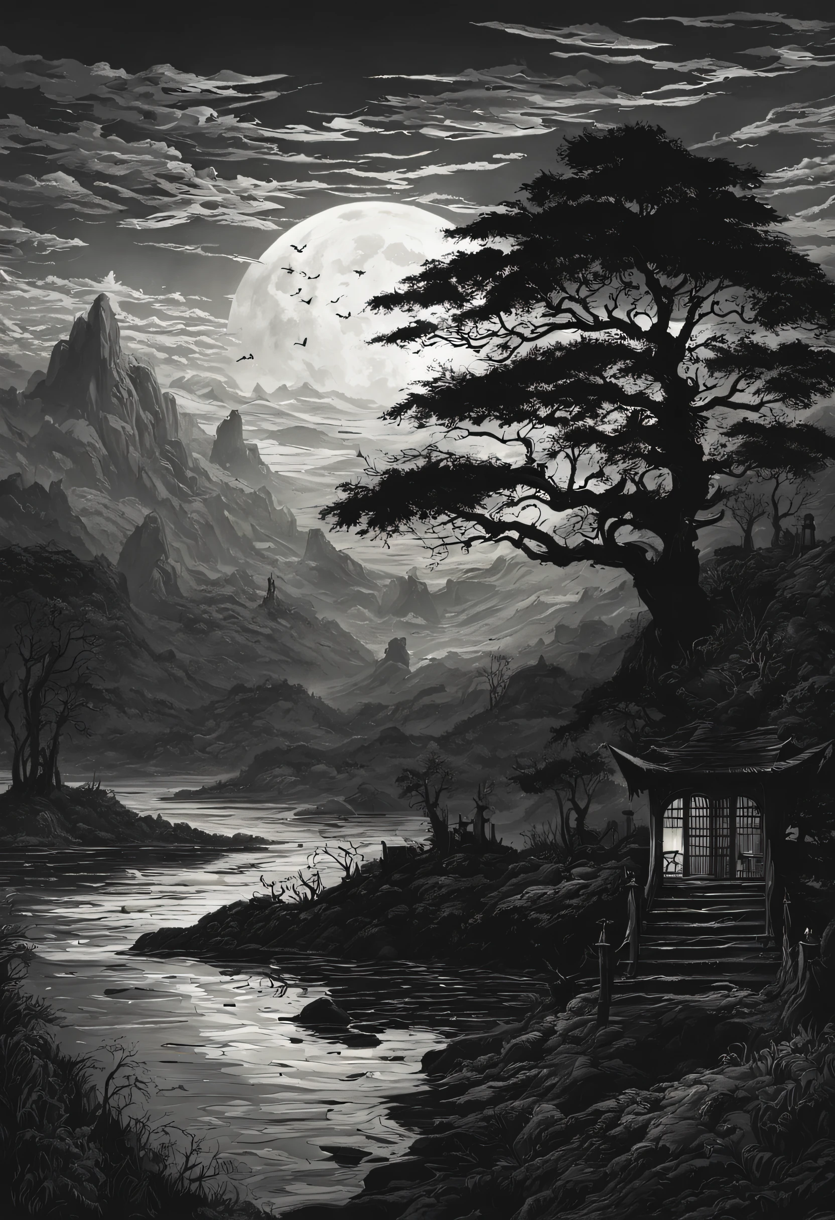"A hauntingly beautiful landscape of darkness, with intricate details and a touch of mystery."