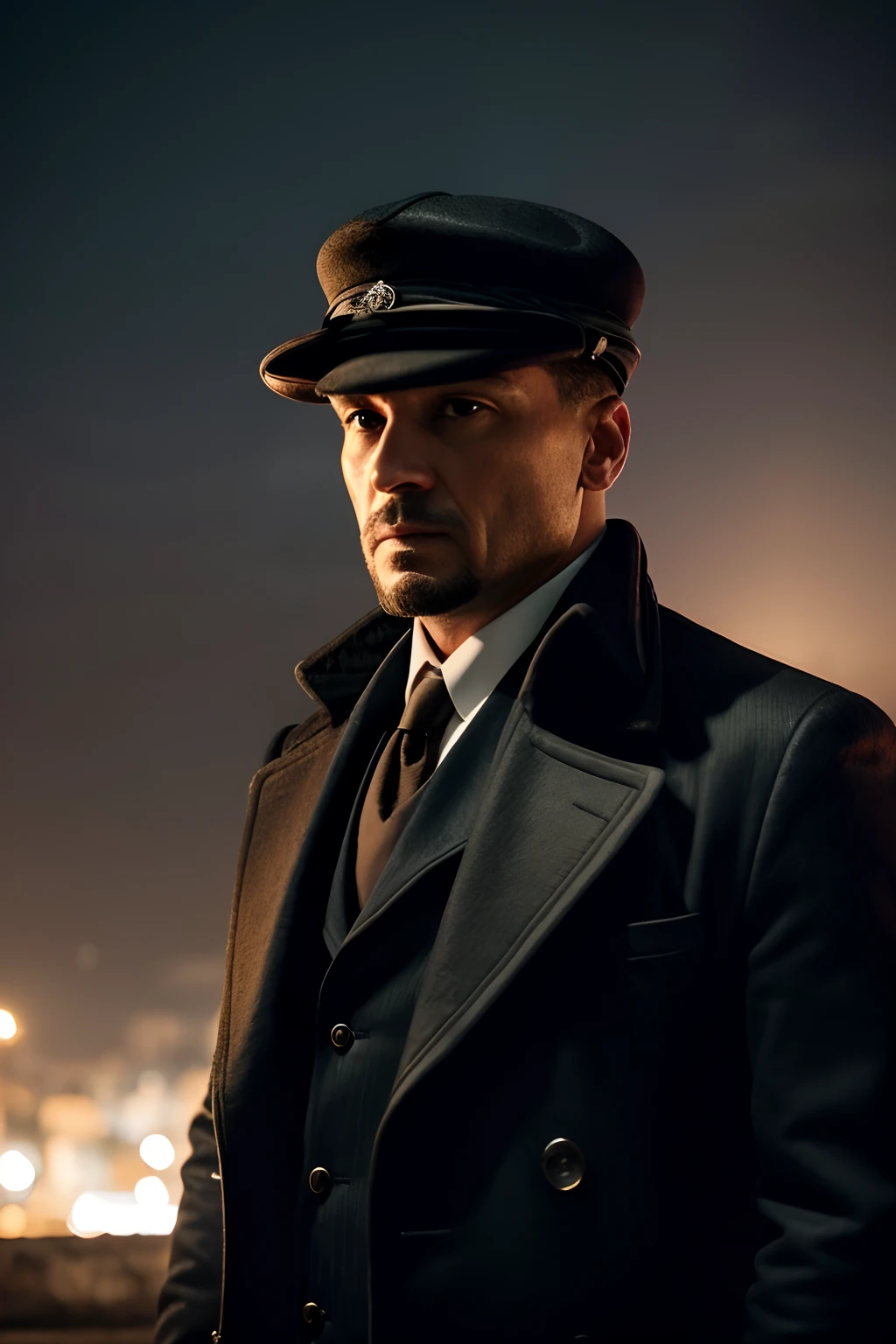 crie uma imagem de um mafioso, persianas pinky, peaky blinders theme, homem branco, cabelo preto, barba preta, Antecedentes de Londres, frio e chuva,  Cyberpunk, 8k, Hiper realista, cinemactic, foco no rosto do soldado, The photo is taken with an 18 mm wide-angle camera, em 8k fotorrealismo, creating an image that evokes amazement and amazement at the destruction of the city, ouro. zoom no rosto