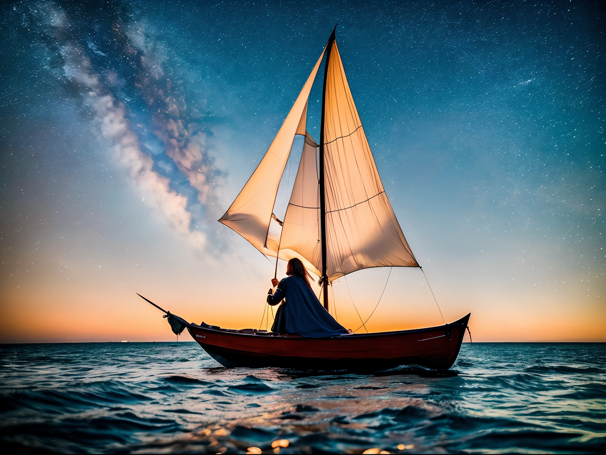 Woman sitting on a boat, Sword in hand, Cape, feeling of solitude, high resolution, Sea of Stars, Vistas, Romance, smallness