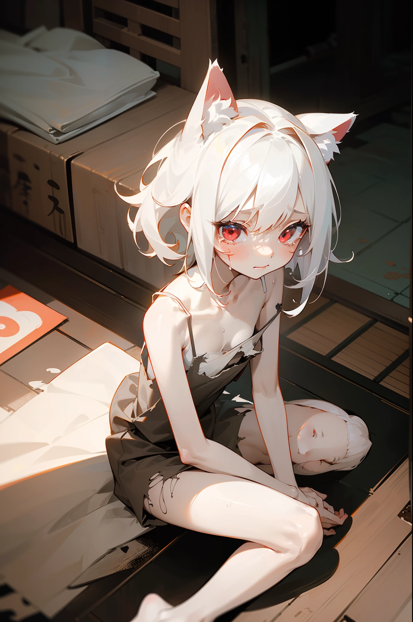 ((Masterpiece)),1girl,2ars old, (Cute beautiful Girl, beautiful red eyes,small body,slim body)、details of Very messy medium hair、((dirty and very torn white-camisole))、innocent smile、crying、Slender and small breasts, sweaty、Beautiful small breasts、Cat ears, Pale white hair, ((sitting on floor, asian Slum townscape))