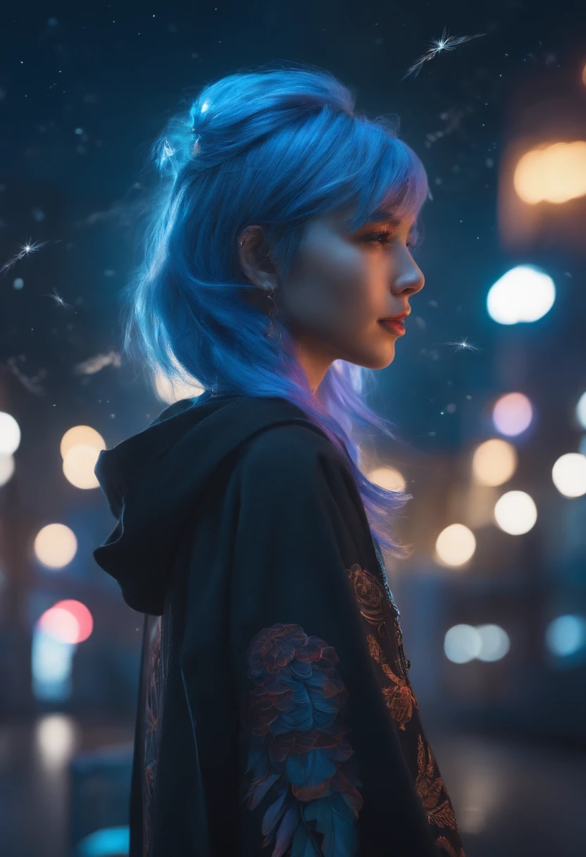 (Masterpiece), Best quality, 超高分辨率,Little girl, cyberpunk 1girl flying above stunning cityscape ,The lights on the clothes came on,There is a tattoo on the neck,Hoodie,Blue hair, neon color shooting stars, Very long hair, cropped shoulders, feathers hair ornament, Neon colors, Twinkle, stunning night sky, Cinematic lighting, Photorealistic, Realistic skin, hdr,fish eye