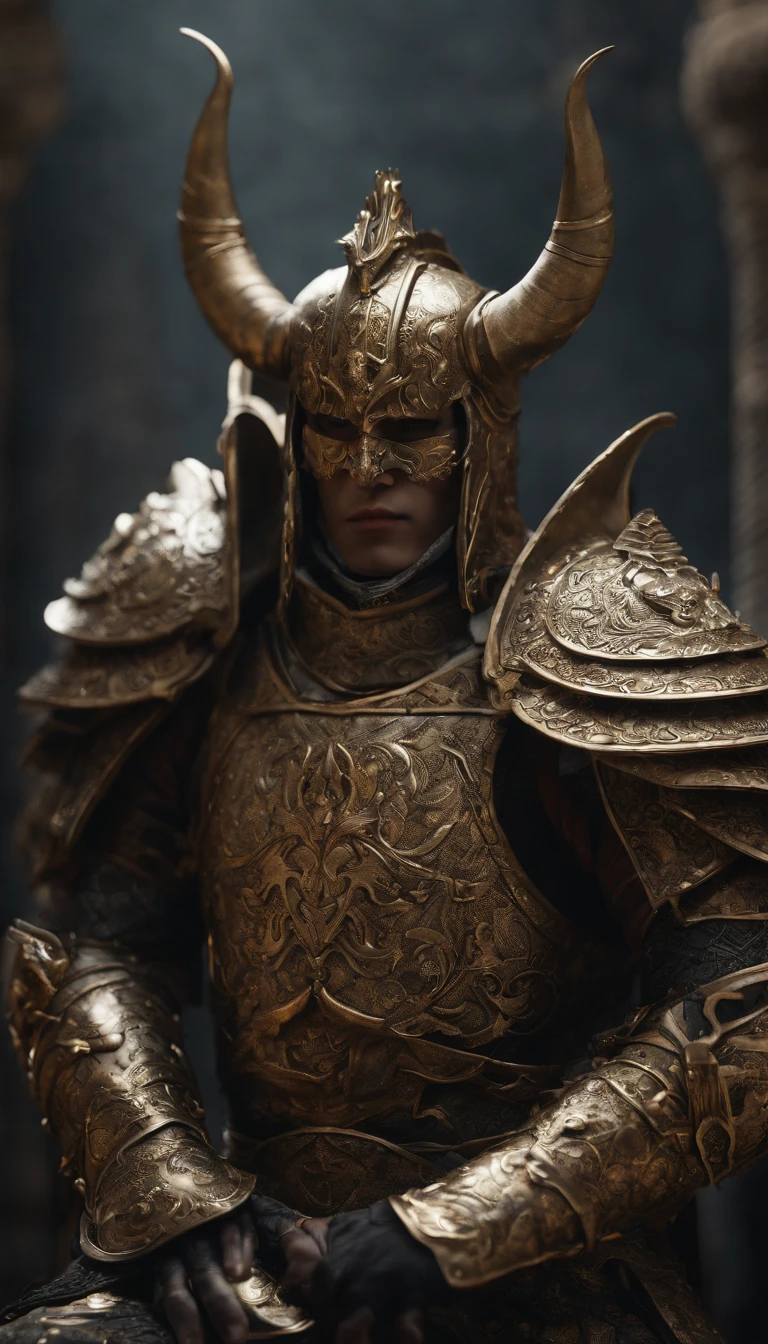 warrior, concept-art, author:Kishiganku, Fantasy art, Zen temple background, clean render, a horned, Wear a set of armor, Detailed bushido form smoke, helmet of a forgotten deity, character is standing, 8k Realistic, in game render, detailed face background detail, Art station front page, taur, Pseudo-medieval fantasy, A deity wearing koi armor, detailed bronze armor, Bronze armor, golden etched armor, gold obsidian armor, Light gold armor, Gorgeous filigree armor, A demonic warrior, Gorgeous armor full of thorns, Intricate assasin armor, Intricate metal armor, powerful warrior, Dressed in gorgeous golden armor,Decorated with intricate patterns, The helmet has a large crown and two horns, Everything is in the dark, The smoky background alludes to battle scenes, Add an ominous aura to his character