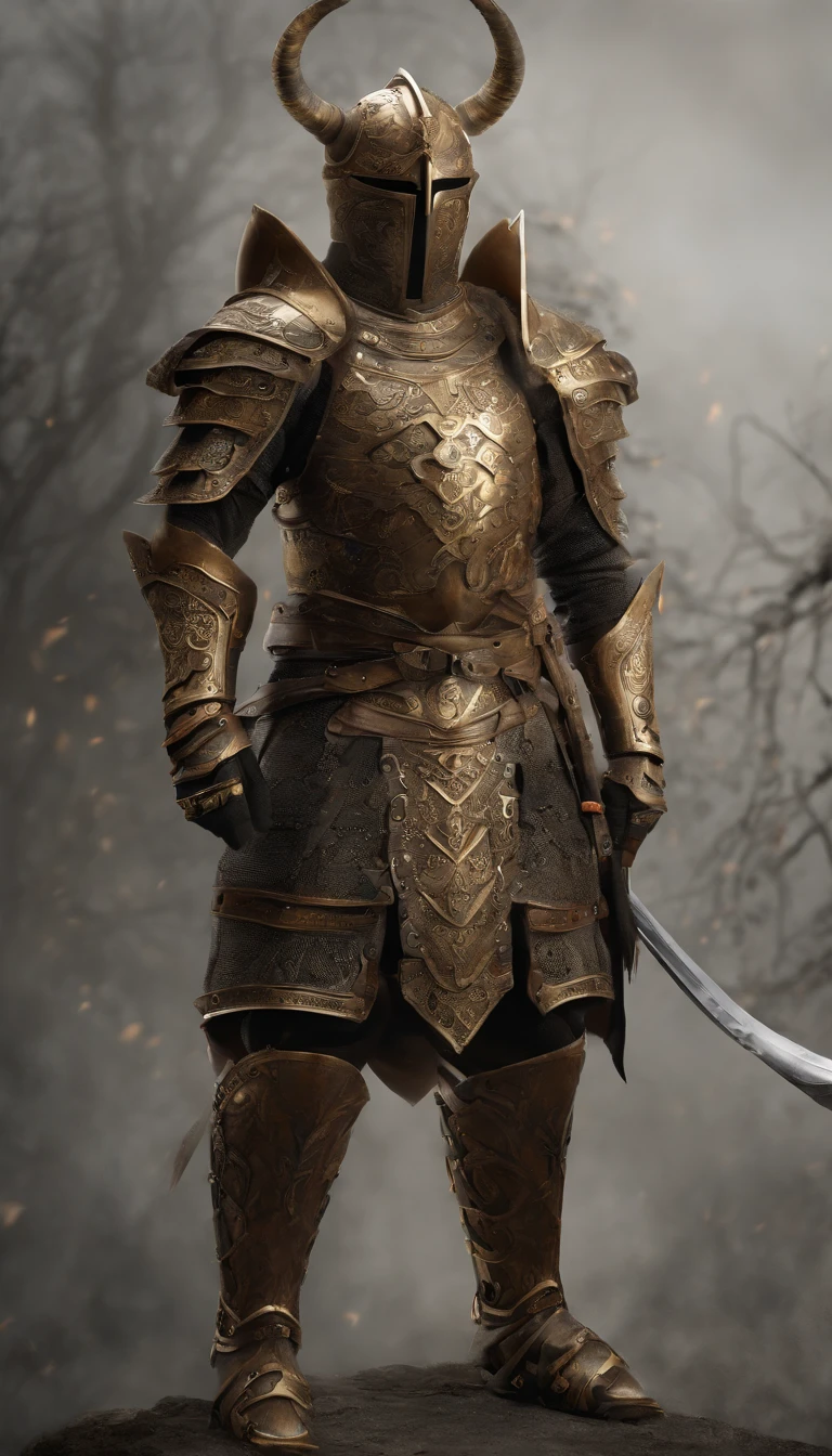 warrior, concept-art, author:Kishiganku, Fantasy art, Zen temple background, clean render, a horned, Wear a set of armor, Detailed bushido form smoke, helmet of a forgotten deity, character is standing, 8k Realistic, in game render, detailed face background detail, Art station front page, taur, Pseudo-medieval fantasy, A deity wearing koi armor, detailed bronze armor, Bronze armor, golden etched armor, gold obsidian armor, Light gold armor, Gorgeous filigree armor, A demonic warrior, Gorgeous armor full of thorns, Intricate assasin armor, Intricate metal armor, powerful warrior, Dressed in gorgeous golden armor,Decorated with intricate patterns, The helmet has a large crown and two horns, Everything is in the dark, The smoky background alludes to battle scenes, Add an ominous aura to his character