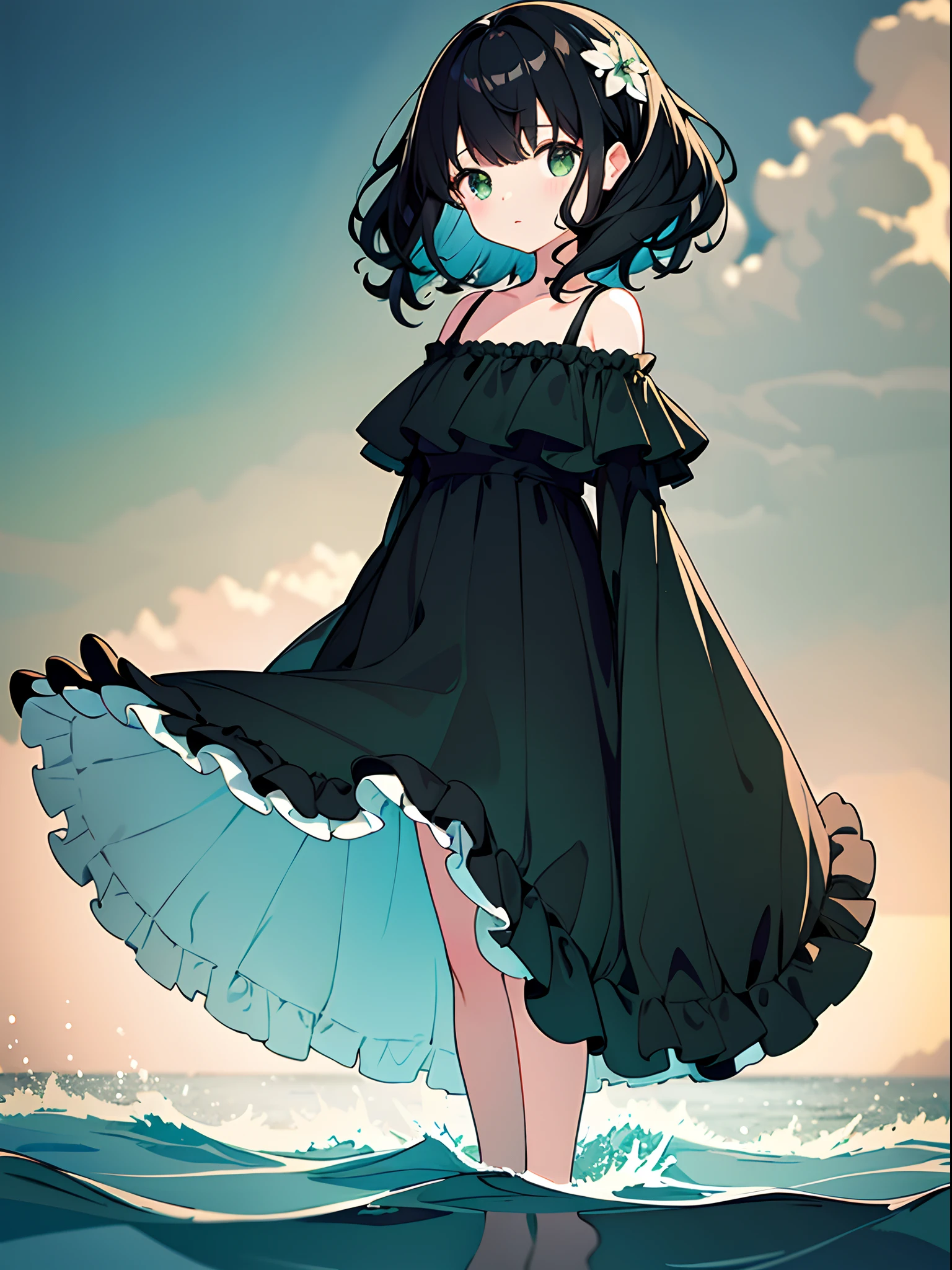 One ,Black slightly curly hair,sea shell,Wear a green dress,Black color hair,Wide sea water,with flowers and plants,best qualtiy,super detailing,Good atmosphere,delicated,cg render,detail render,(Delicate facial portrayal)(Fine hair depiction)(highest quality)(Master masterpieces)(High degree of completion)(a sense of atmosphere)8k wallpaper,tmasterpiece,ultra - detailed(half-body portrait)