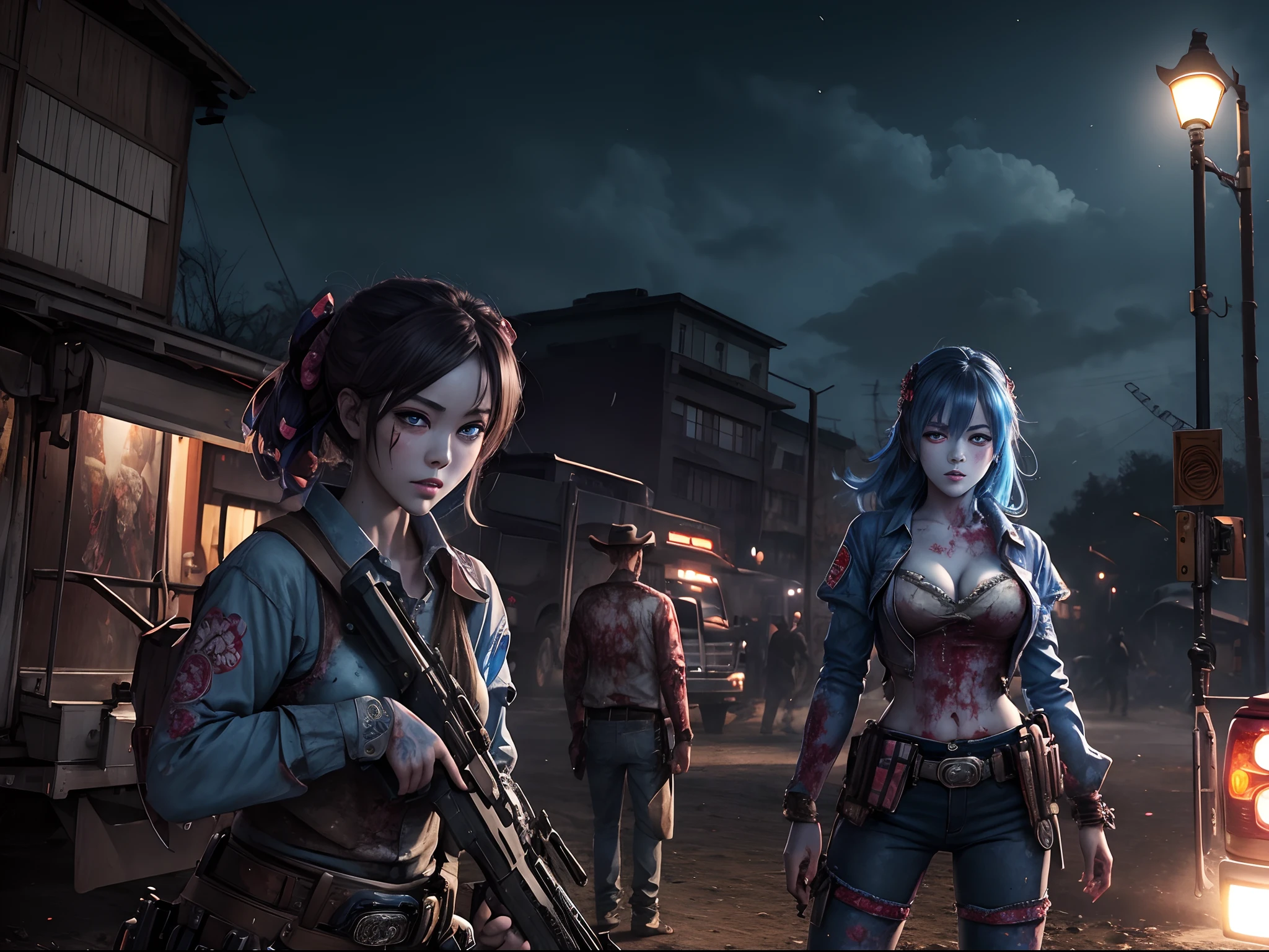 (Masterpiece), (Best quality), (Ultra-detailed), Sakura zombies, 1girll, zombie, Blue skin, Cowboy shot, Outdoors, (trucks:1.3), Night