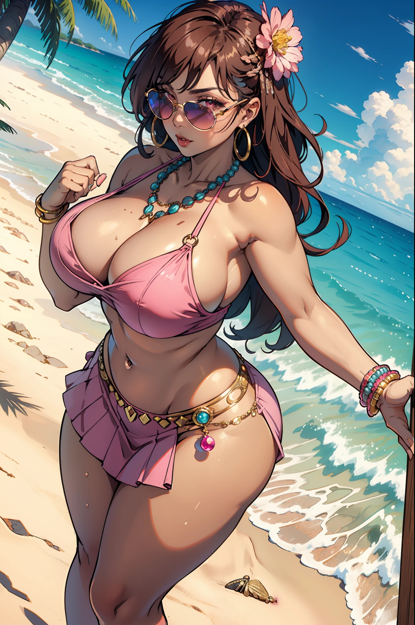 Best quality, solo mature woman, giant breasts, giant ass, very curvy, tanned skin, brown middle parted hair with curled ends, sea pink eyes, full lips, seductive, sea pink sunglasses, rhinestone beaded singlet, pleated denim skirt, flower earrings, flower necklace, thick thighs, curvy physique