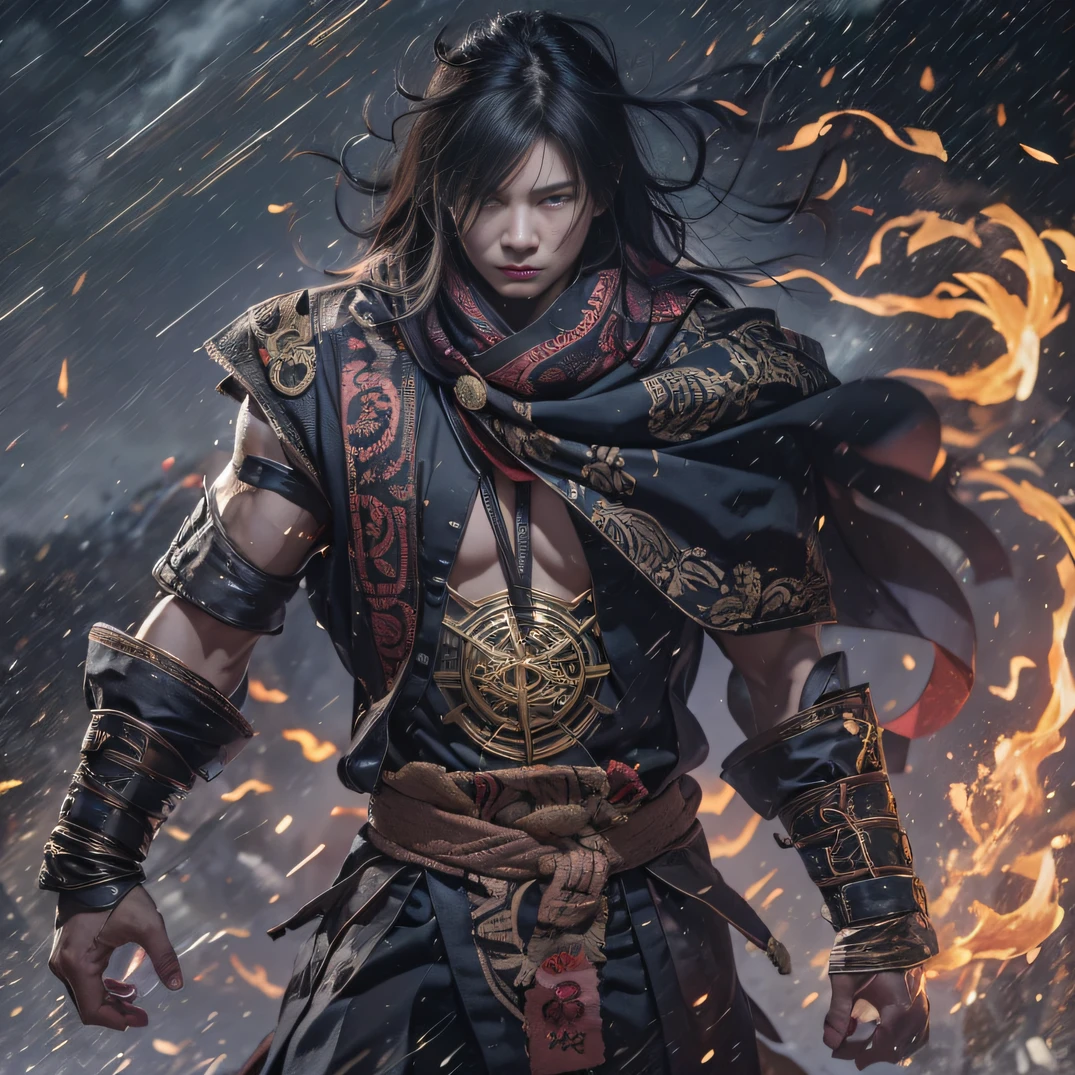 (废墟)eyes filled with angry,He clenched his fists,Rush up,Deliver a fatal blow to your opponent,full bodyesbian,Full Body Male Mage 32K(tmasterpiece,k hd,hyper HD,32K)Long flowing black hair,Camping site area,zydink, a color, patriot (废墟), (Linen batik scarf), Angry fighting stance, looking at the ground, Batik linen bandana, Chinese python pattern long-sleeved garment, (Abstract propylene splash:1.2), Dark clouds lightning background,Flour flies(realisticlying:1.4),Black color hair,Flour fluttering,Background fog, A high resolution, the detail, RAW photogr, Sharp Re, Nikon D850 Film Stock Photo by Jefferies Lee 4 Kodak Portra 400 Camera F1.6 shots, Rich colors, ultra-realistic vivid textures, Dramatic lighting, Unreal Engine Art Station Trend, cinestir 800,Flowing black hair,(((Male mage))),The male mage was furious,
