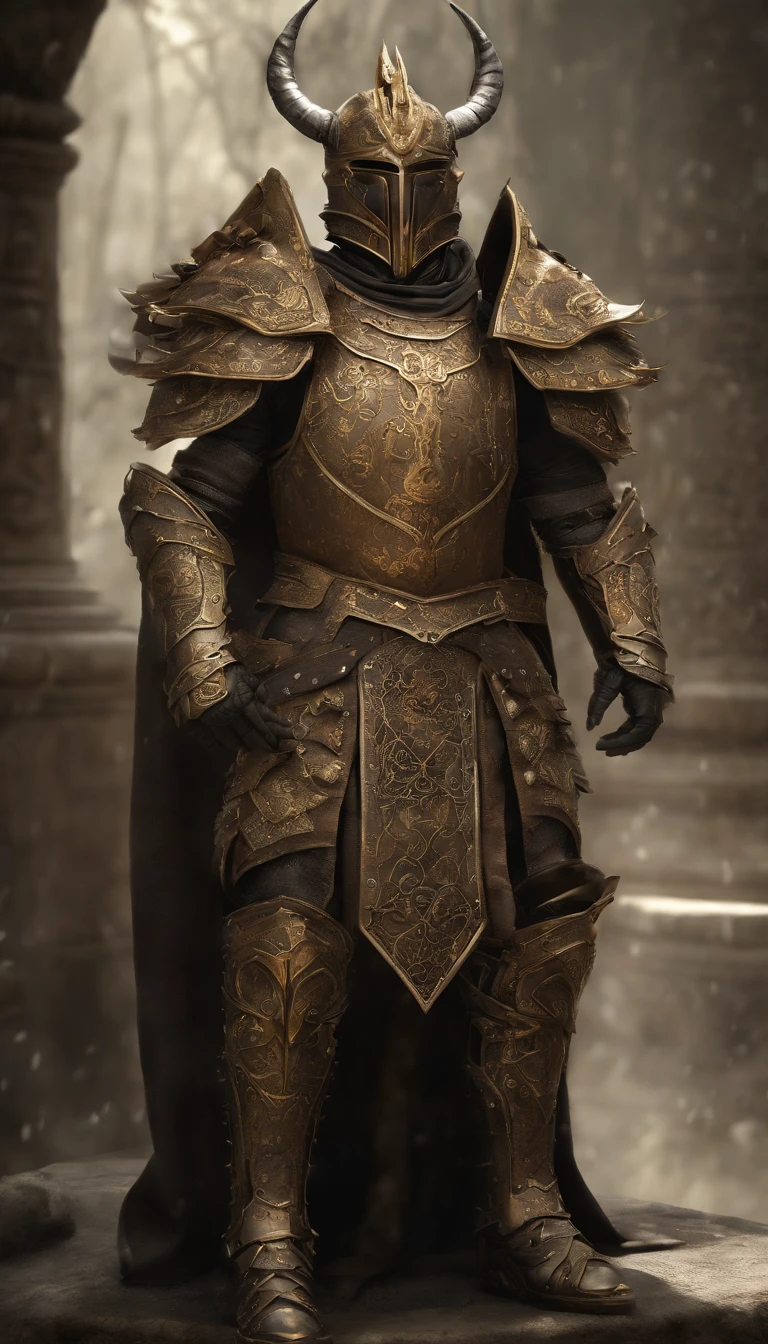 warrior, concept-art, author:Kishiganku, Fantasy art, Zen temple background, clean render, a horned, Wear a set of armor, Detailed bushido form smoke, helmet of a forgotten deity, character is standing, 8k Realistic, in game render, detailed face background detail, Art station front page, taur, Pseudo-medieval fantasy, A deity wearing koi armor, detailed bronze armor, Bronze armor, golden etched armor, gold obsidian armor, Light gold armor, Gorgeous filigree armor, A demonic warrior, Gorgeous armor full of thorns, Intricate assasin armor, Intricate metal armor, powerful warrior, Dressed in gorgeous golden armor,Decorated with intricate patterns, The helmet has a large crown and two horns, Everything is in the dark, The smoky background alludes to battle scenes, Add an ominous aura to his character