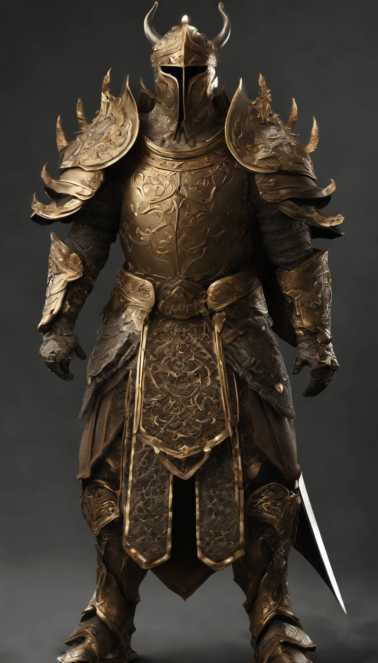 warrior, concept-art, author：Kishiganku, Fantasy art, Zen temple background, clean render, a horned, Wear a set of armor, Detailed bushido form smoke, helmet of a forgotten deity, character is standing, 8k Realistic, in game render, detailed face background detail, Art station front page, taur, Pseudo-medieval fantasy, A deity wearing koi armor, detailed bronze armor, Bronze armor, golden etched armor, gold obsidian armor, Light gold armor, Gorgeous filigree armor, A demonic warrior, Gorgeous armor full of thorns, Intricate assasin armor, Intricate metal armor, powerful warrior, Dressed in gorgeous golden armor，Decorated with intricate patterns, The helmet has a large crown and two horns, Everything is in the dark, The smoky background alludes to battle scenes, Add an ominous aura to his character