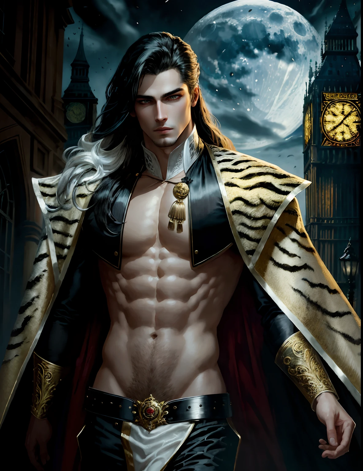 masterpiece, highest quality, (solo focus), (perfect face:1.1), (high detail:1.1),dramatic, 1guy, (pale skin), long white,black hair, green eyes, solo, long hair, moon, night, black,white luxury suit, covered navel, pouty lips, covered, London city, detailed background, art by artgerm and greg rutkowski, gothic renaissance, cinematic lighting, animal print,  male Cruella de Vil, art by Heise Jinyao, by zeilyan