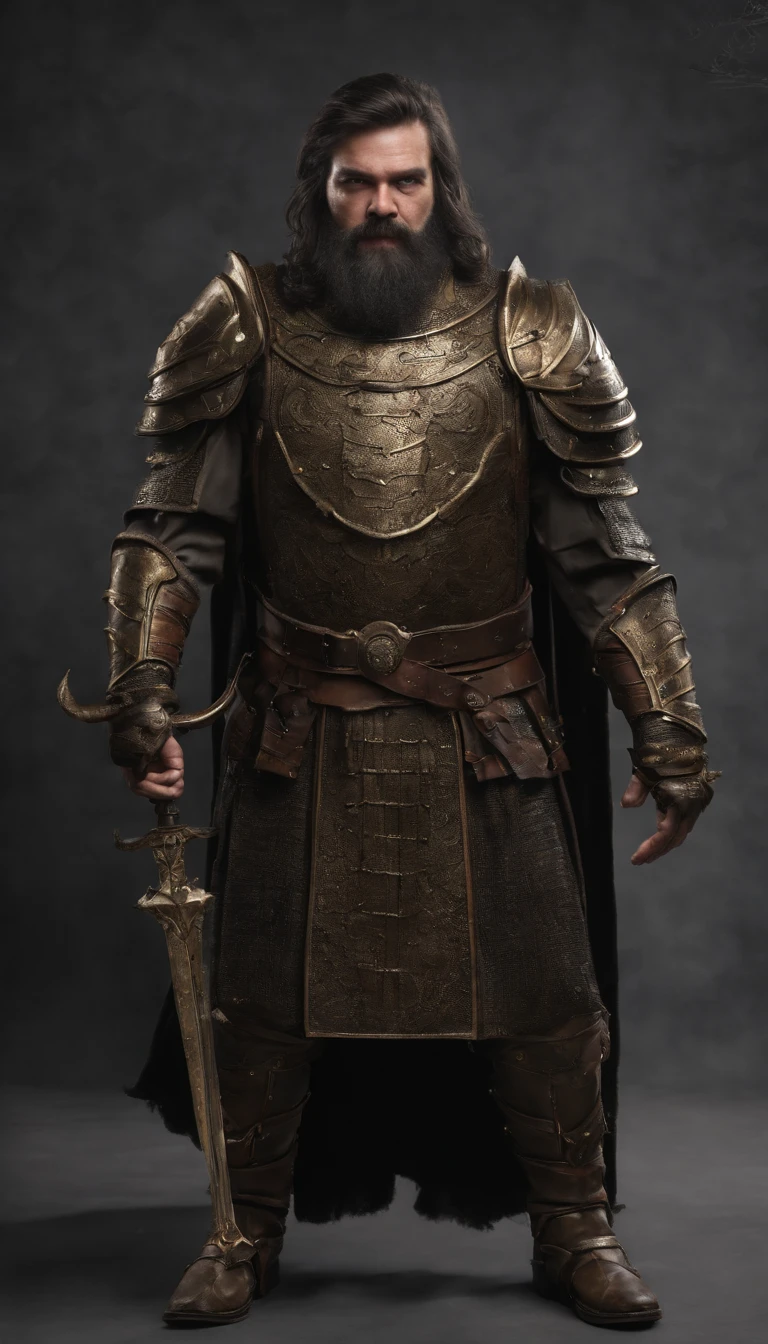 Socrates is dressed in badass armor ready for battle, Best quality, Masterpiece, 超高分辨率, (photograph realistic:1.4), surrealism, Dream-like,fusionart, Shadowdancer, shadow magic, darkness control, stealth, shadowstep, umbral spells, hidden blade, full bodyesbian