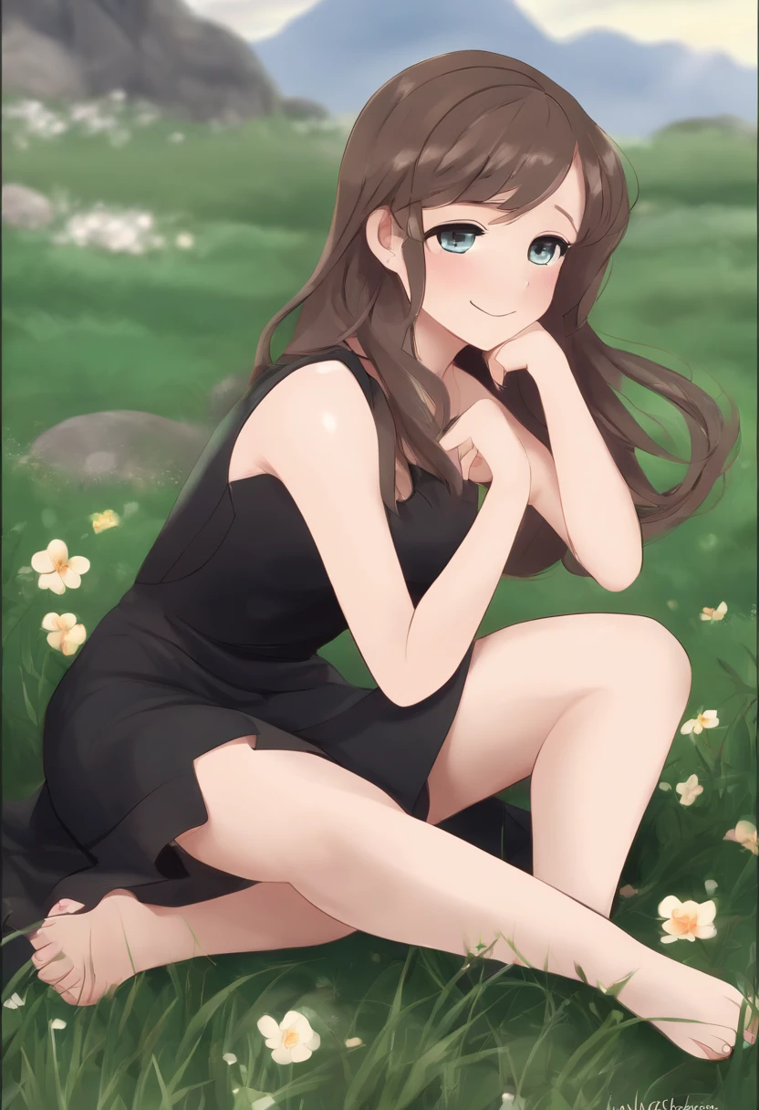 masterpiece, perfect anatomy, best quality, highres, 1girl, solo, dawn (pokemon), black dress, outdoors, bare shoulders, smile, (looking down at feet), blushing, (flip-flops), heels, (foot focus), five toes, sitting down, hugging knees, hugging legs, sitting down on grass,