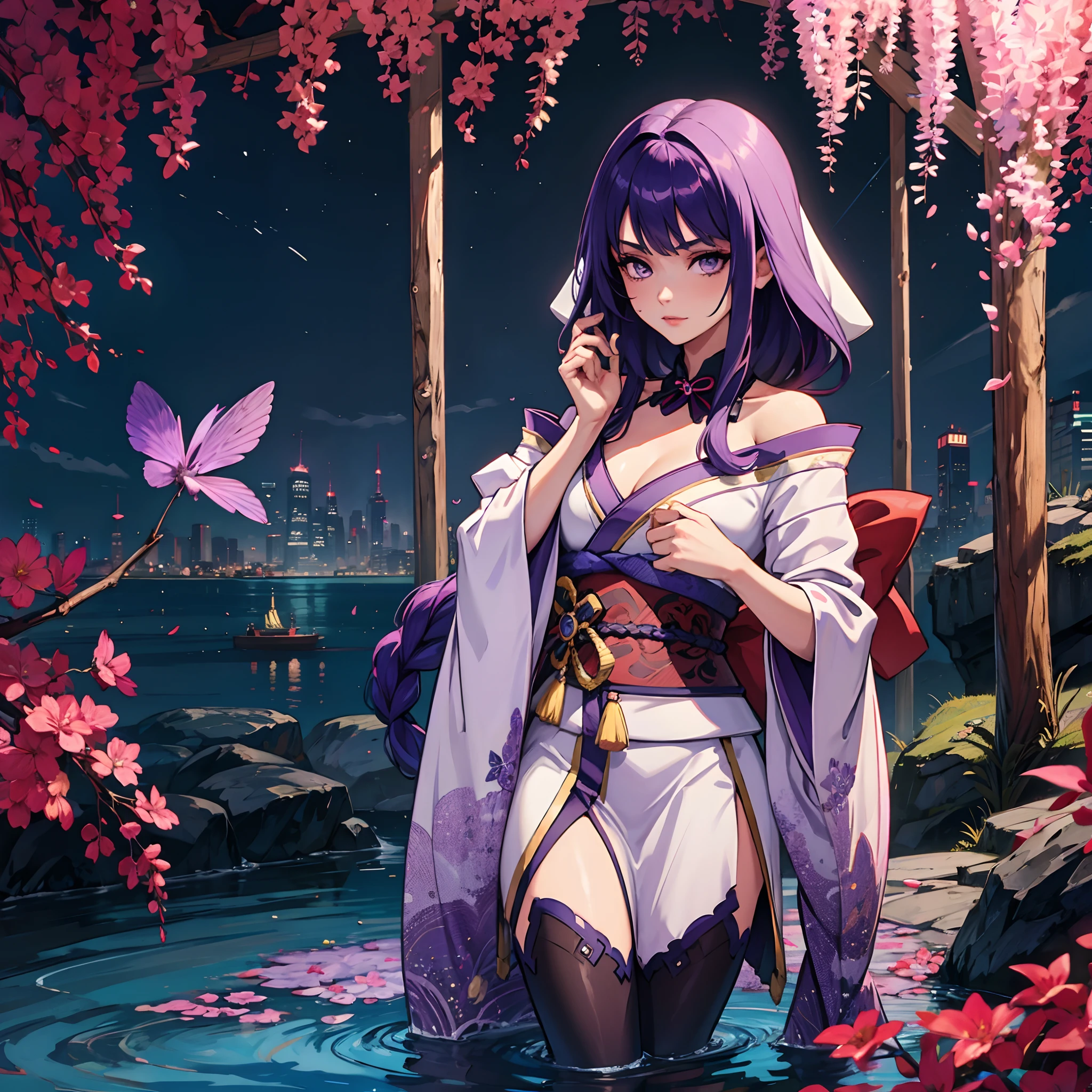 MC, ahoge, (long hari, purple hair:1.3), hair ornament, dark-blue eyes, anatomically correct, heavy breathing, mature female, 1girl, solo, breasts, looking at viewer, large breasts, long sleeves, sitting, thighs, outdoors, japanese clothes, sky, barefoot, day, cloud, wide sleeves, kimono, water, flower, spotlight, (bokeh:1.3) tree, legs, sash, bare legs, obi, crossed legs, nature, black kimono, short kimono, reflective, (fog:1.3), fireflies, hollow eyes, bright pupils, dark-blue eyes, looking at viewer. glowing eyes heavy breathing, seductive smile, (steaming face:1.3), blush face, lips,