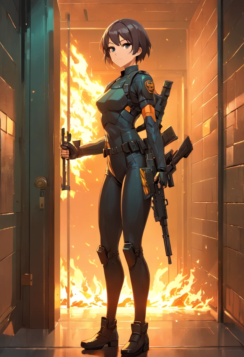 Um Policial com o rosto super detalhado de caveira sinistra, com os olhos super detalhados e sinistros, com um sorriso super detalhado e sinistro，With two daggers in his hands，Special Forces style, estilo assassino, Com um rifre de assalt fusil nas costas, Facing a super detailed penitentiary and catching fire, sinister and burning penitentiary, Penitentiary door similar to hell's gate, Credo dos Assassinos. Make sure there is no noise and that the lines are thick and sharp like contour art, (((pose interagindo e se apoiando [em uma objeto|em algo no ambiente]))), foco em um quadro vertical da imagem."((corpo inteiro):1.5). 16k, UHD, best possible quality, ((best possible detail):1), best possible resolution, Motor Unreal 5, fotografia profissional, perfeito_Hands, (perfeito:1.2)