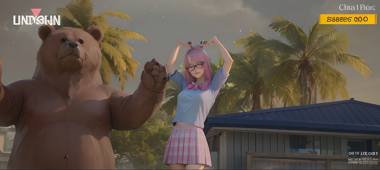 Cute girl, beautiful face, blue uniform, pink skirt, formal glasses, pink hair, with bear statue, realistic