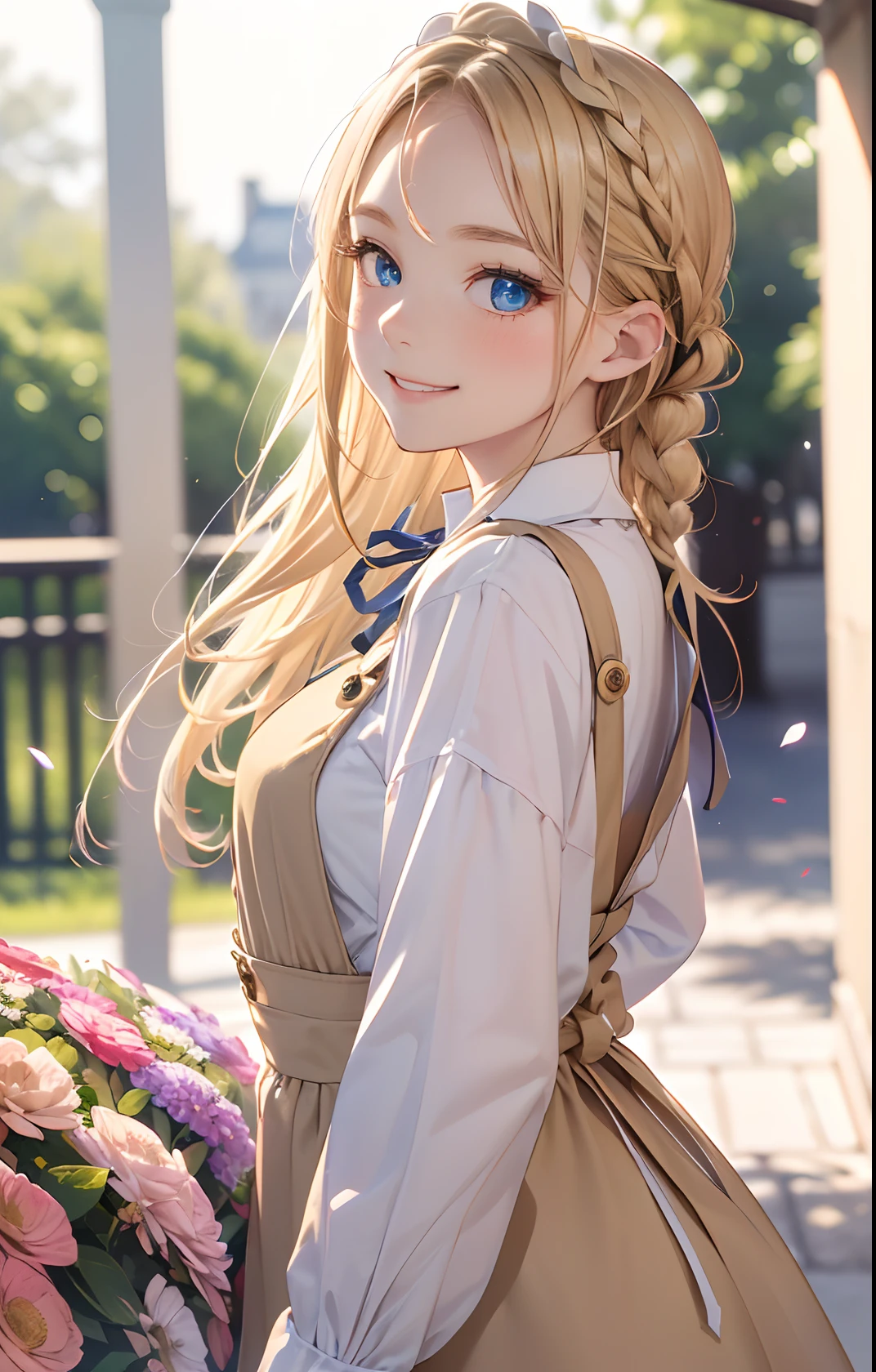 absurderes, ultra-detailliert,bright colour,(in 8K:1.3),masuter piece,extremely beautiful detailed face and eyes, 25 years old,(Smooth straight blonde hair:1.3), (Shiny hair:1.2), Delicate beautiful face, red blush、(Deep Blue Eyes:1.3),(black Pinafore dress, neck ribbon, white blouse, 4gold buttons, 1girl 13yo, from side focus crotch close to viewer, overly long sleeves very long hair, french braid, straight hair, hime cut, blond hair, blue eyes, closed mouth smile, Confident smile:1.2)
flower garden, (surrounded by colorful flowers:1.3), (noon:1.5), flower petals