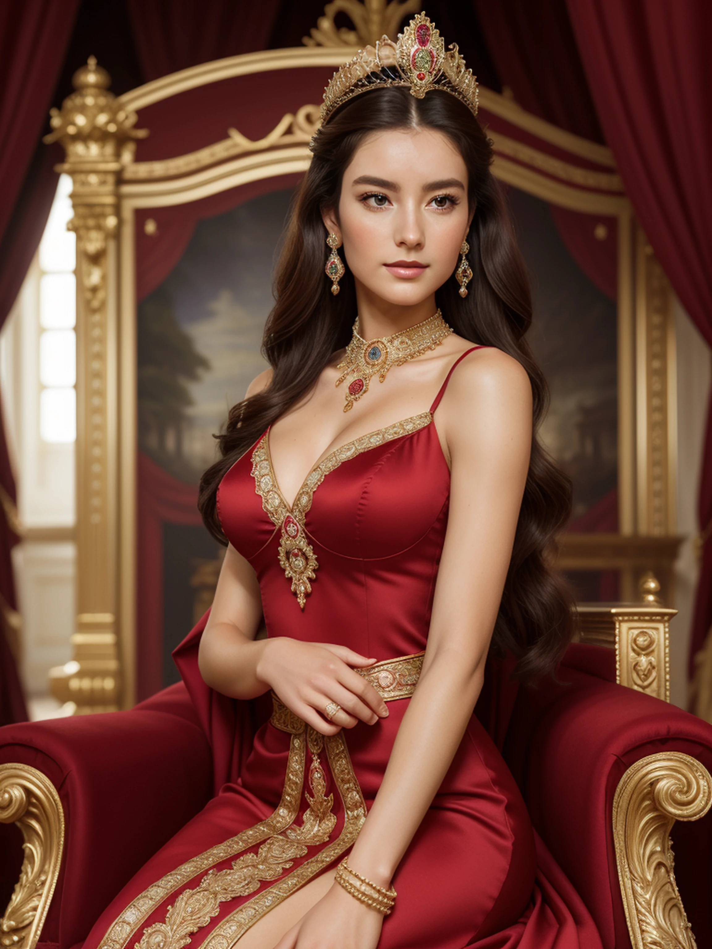 ((full-body, full-shot)),(best quality,4k,8k,highres,masterpiece:1.2),ultra-detailed,(realistic,photorealistic,photo-realistic:1.37),(1girl),(18years old),(((irene1:1.2))),(((Excella_er5:1.2))),(sharp focus:1.5),pearl skin,(skin pores:1.1),extremely detailed face and skin texture,(skin texture:1.1),black hair,tall and slender body,(192cm tall),thin and delicate figure,graceful posture,strong and defined muscles,flawless skin,defined abs,perfect curves,feminine appearance,beautiful long legs,embodying elegance and beauty,cleavage breasts,((wearing a (red) dress)),(ultra-short miniskirt),vibrant colors,extremely detailed and realistic clothes,(colorful),(film grain:1.3),royal queen,strong and confident woman,beautiful crown,regal and elegant outfit,powerful and commanding presence,noble and majestic portrait,dark and rich color palette,eye-catching lighting,flowing luxurious hair,queen's scepter,intricate embroidery,fine lace details,throne room backdrop,ornate decorations,positive and regal atmosphere,solemn and dignified expression,graceful and poised posture,aura of authority,royal adornments and accessories,sparkling jewels and diamonds,classical and timeless art style,stately and grand composition,heritage and history depicted,inspiring and influential figure,legendary ruler,admiration and respect for the queen,storybook-like illustration,realistic oil painting,high fashion inspiration,luxurious materials and textures,enduring legacy and influence,monarch of the kingdom,symbol of power and sovereignty,cherished and beloved queen,proud and exuding strength,graceful queen with a royal entourage,vibrant and regal colors,adorned with flowers and nature-inspired elements,queen's role and responsibilities,palatial and opulent surroundings,overlooking her kingdom with pride.