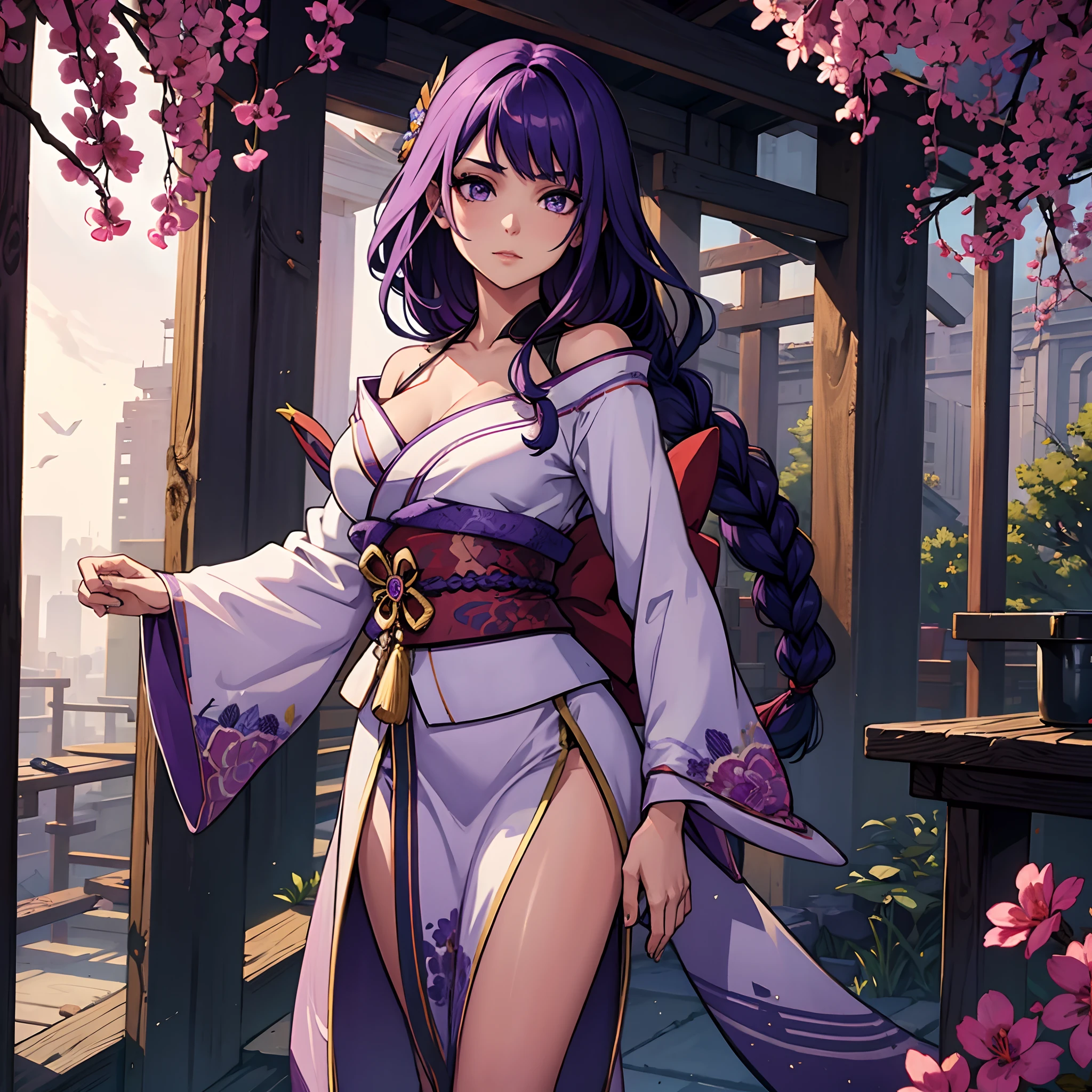 Highest quality, (masterpiece:1.2), Very detailed, Flowers, forest, Blurred Background,
One girl, alone, yuzuriha,
View your viewers, Medium chest, smile, Open your mouth,
Red eyes, Purple Hair, ponytail, Cleavage, Ninja, kimono, Bare shoulders