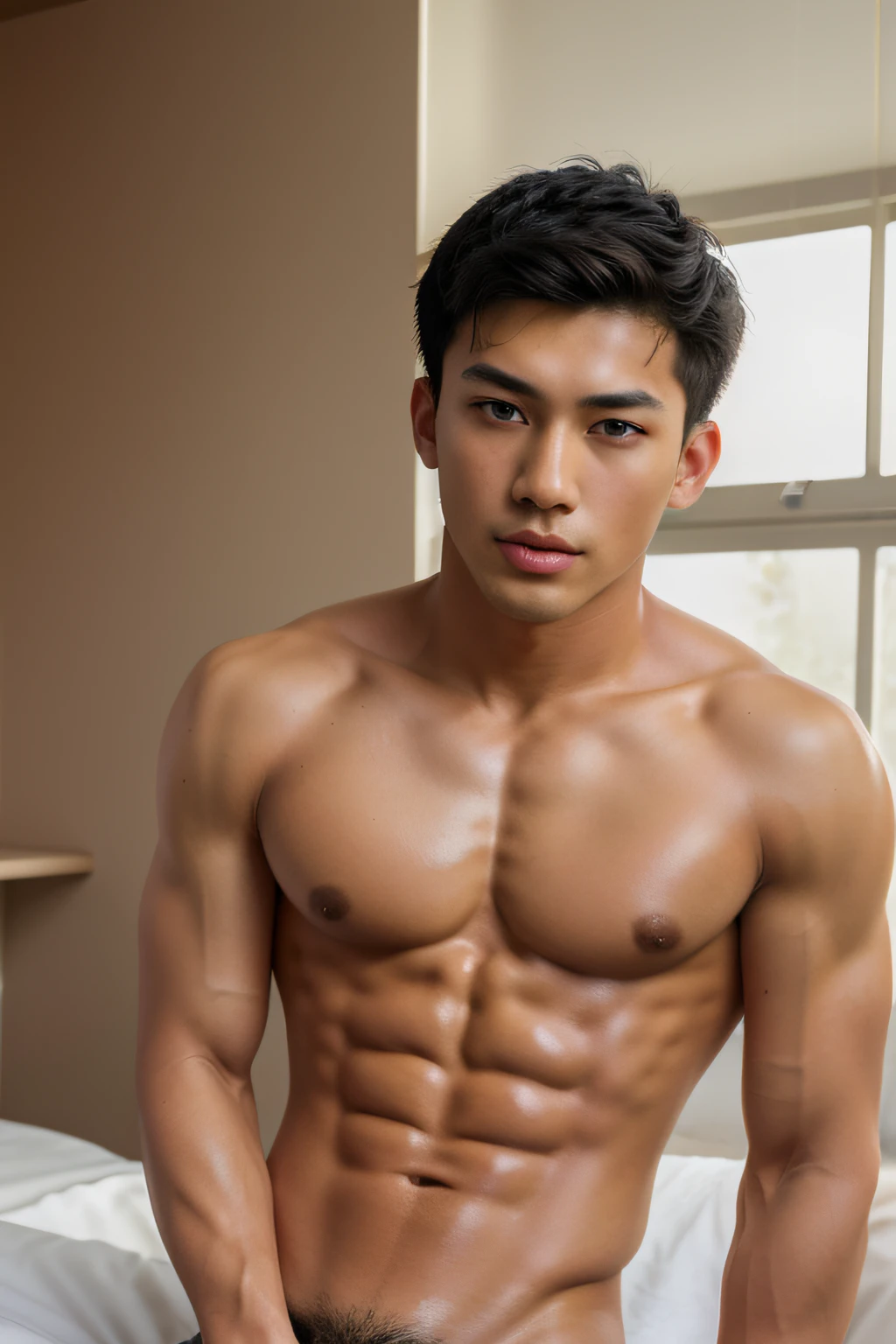 Best quality, High quality, A high resolution, 4K, Masterpiece, detailed face, detailed eyes, asian male, young male, cute, perfect bodies, handsome, , , full body, ,  , ,  on abs and 