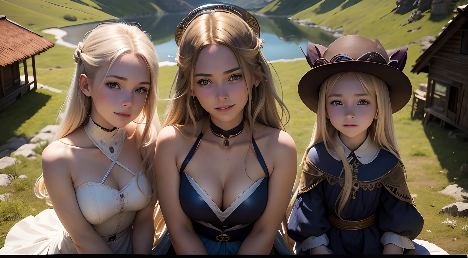 Full portrait photo from below of a beautiful 18 year old girl with golden hair, sitting on a high mountain, with a clear blue cloudy sky behind her, sitting next to two pretty s, "Blue eyes, smiling radiant teeth, slim waist, long white legs..."