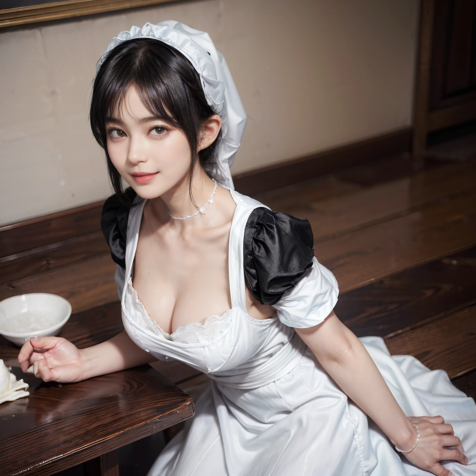 01
(Black Shorthair:1.3), (a 20 yo woman), (A hyper-realistic), (masutepiece), (8KUHD), Beautiful woman, A smile, (Wearing white maid clothes:1.3), Breast, Standing at a maid café