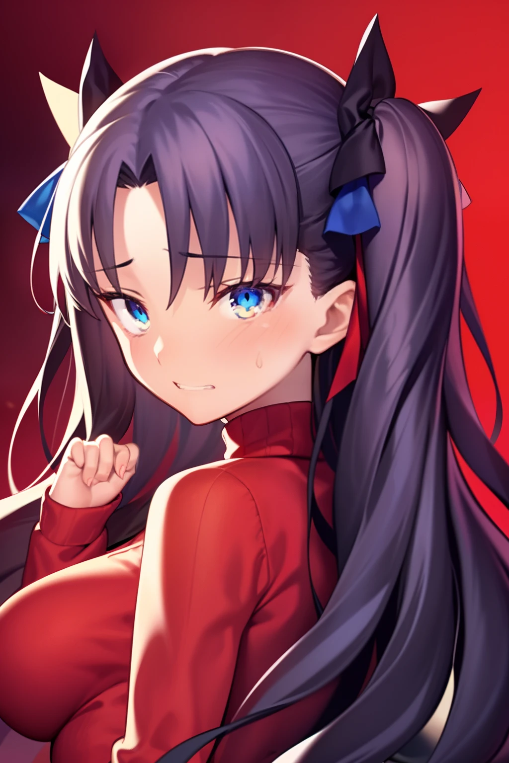 1girl in, tohsaka-rin, 独奏, length hair, Sweaters, Red Sweater, Look at viewers, blue backdrop, A dark-haired, Simple background, two side up, turtle neck, blue eyess, s lips, a closed mouth, bow ribbon, Hair Ribbon, bangss, turtle necked sweater, The upper part of the body, partedbangs, a black ribbon, Ribbed sweater, Twin-tailed, Clenching teeth、Full body like、red blush:1.3、full of sweat、Colossal tits