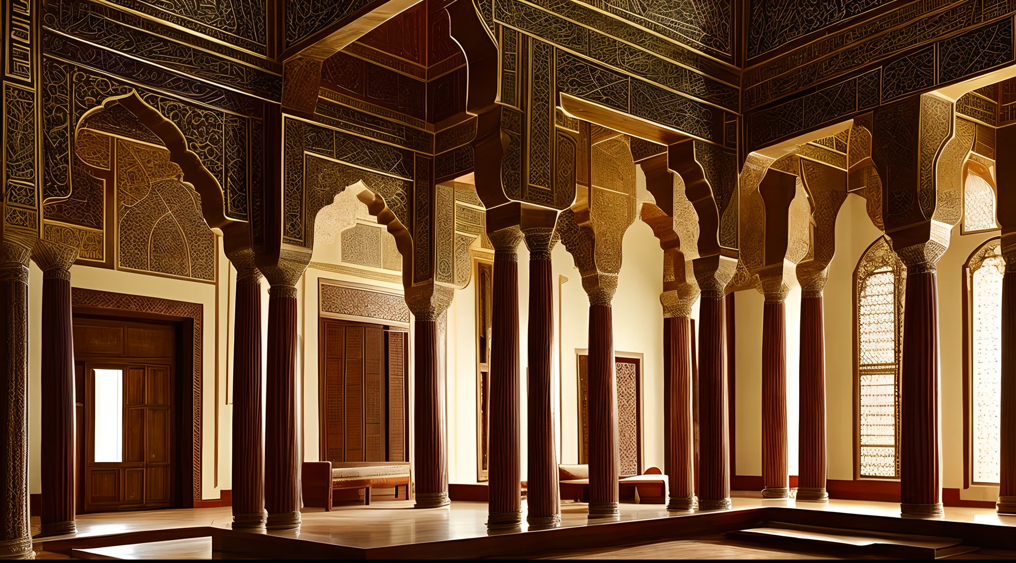 interior view of a mansion in 16th century Arabia, either Basra or Ormuz, very luxurious, building structure like a harem or mosque, building structure with elements of a turkish harem or mosque, orientalism, inside a mansion, interior, rich, grand, stairs, Muslim style, Islamic, elegant, House of Vizier, House of Emir, 16th century, medieval, no people, no word, no wordings, no signature