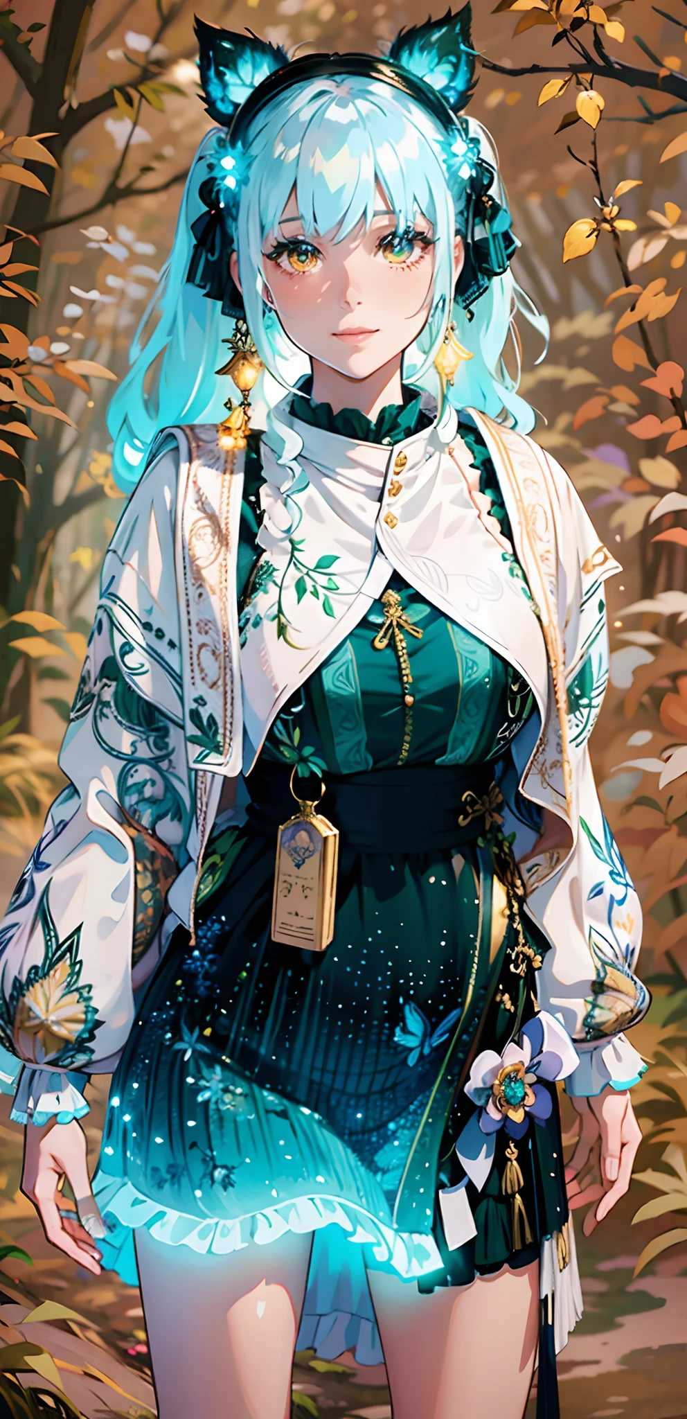 1girls ,,Simper smile, High-definition image, a woman, her hair adorned with glowing fireflies, eyes shimmering with enchantment. Dressed in a gown made from woven moonlight, she stands in a mystical forest where trees come to life. The scene, bathed in the ethereal glow of the fireflies, captured in the style of a magical forest artwork., (masterpiece, best quality, official art,intricate details:1.2)