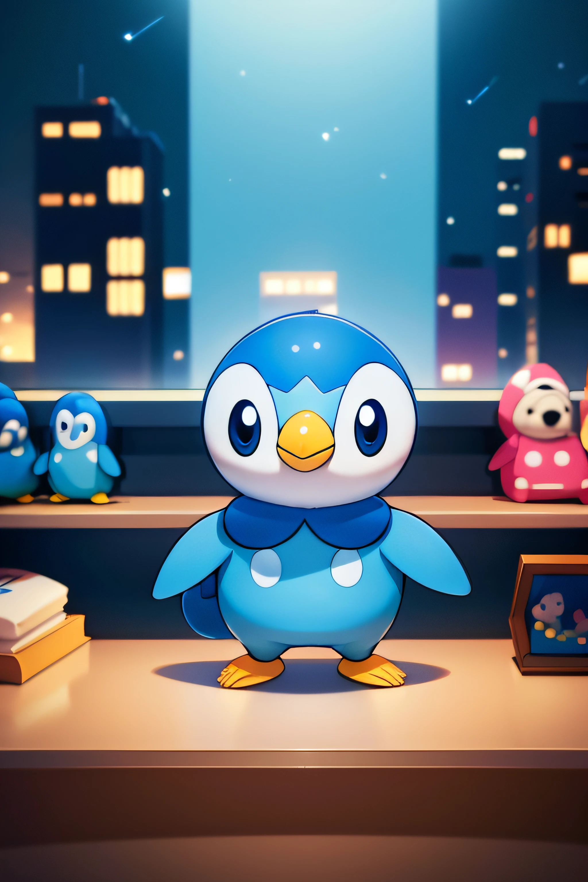 small, piplup, light-blue, penguin-like, city, in a shop, at night, furtheraway,  absurdres, high res, ultrasharp 8k, masterpiece