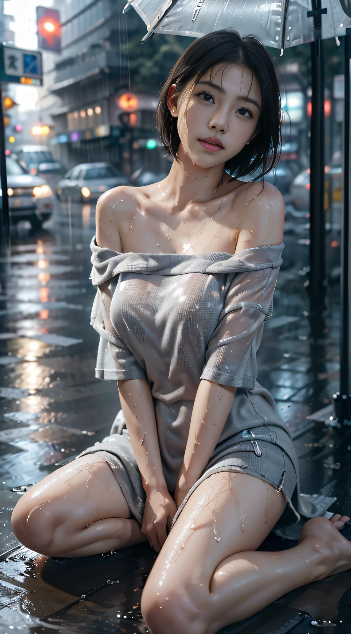 Young Japanese woman standing,  ((On City Street)),  ((Fully clothed)), ((Off-the-shoulder T-shirt dress)),((Barefoot)), blond with short hair, slim build, two tone color hair, mid afternoon, Gray light, Overcast, Detailed background, Dark, busy street, crowding street, Cinematic, pessimistic, Masterpiece,  Best quality, RAW photo, up-close, zoomed,  Photorealistic, ((view the viewer)), Hold yourself, Translucent, dripping wet, beautiful realistic photo, Surreal fantasy photos,  Close up, Tight Frame, 8K, Ultra detailed, Detailed skin, Blue eyes, Dark skin, ((Drenched)), ((Soaked)), (Dripping water), Saggy clothes, wet street, Wet all over, wet dripping hair, angle of view, (posed for photo) Portrait, Close-up, bottom angles, Mist, ((heavy rain)), ((Hazy rain)), Rain on the face, wet face, Shallow depth of field