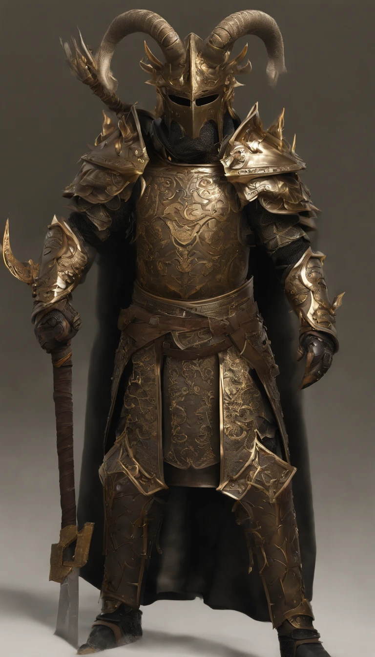 warrior, concept-art, author：Kishiganku, Fantasy art, Zen temple background, clean render, a horned, Wear a set of armor, Detailed bushido form smoke, helmet of a forgotten deity, character is standing, 8k Realistic, in game render, detailed face background detail, Art station front page, taur, Pseudo-medieval fantasy, A deity wearing koi armor, detailed bronze armor, Bronze armor, golden etched armor, gold obsidian armor, Light gold armor, Gorgeous filigree armor, A demonic warrior, Gorgeous armor full of thorns, Intricate assasin armor, Intricate metal armor, powerful warrior, Dressed in gorgeous golden armor，Decorated with intricate patterns, The helmet has a large crown and two horns, Everything is in the dark, The smoky background alludes to battle scenes, Add an ominous aura to his character
