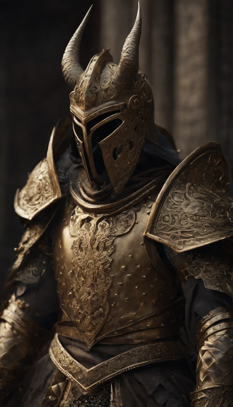 warrior, concept-art, author:Kishiganku, Fantasy art, Zen temple background, clean render, a horned, Wear a set of armor, Detailed bushido form smoke, helmet of a forgotten deity, character is standing, 8k Realistic, in game render, detailed face background detail, Art station front page, taur, Pseudo-medieval fantasy, A deity wearing koi armor, detailed bronze armor, Bronze armor, golden etched armor, gold obsidian armor, Light gold armor, Gorgeous filigree armor, A demonic warrior, Gorgeous armor full of thorns, Intricate assasin armor, Intricate metal armor, powerful warrior, Dressed in gorgeous golden armor,Decorated with intricate patterns, The helmet has a large crown and two horns, Everything is in the dark, The smoky background alludes to battle scenes, Add an ominous aura to his character