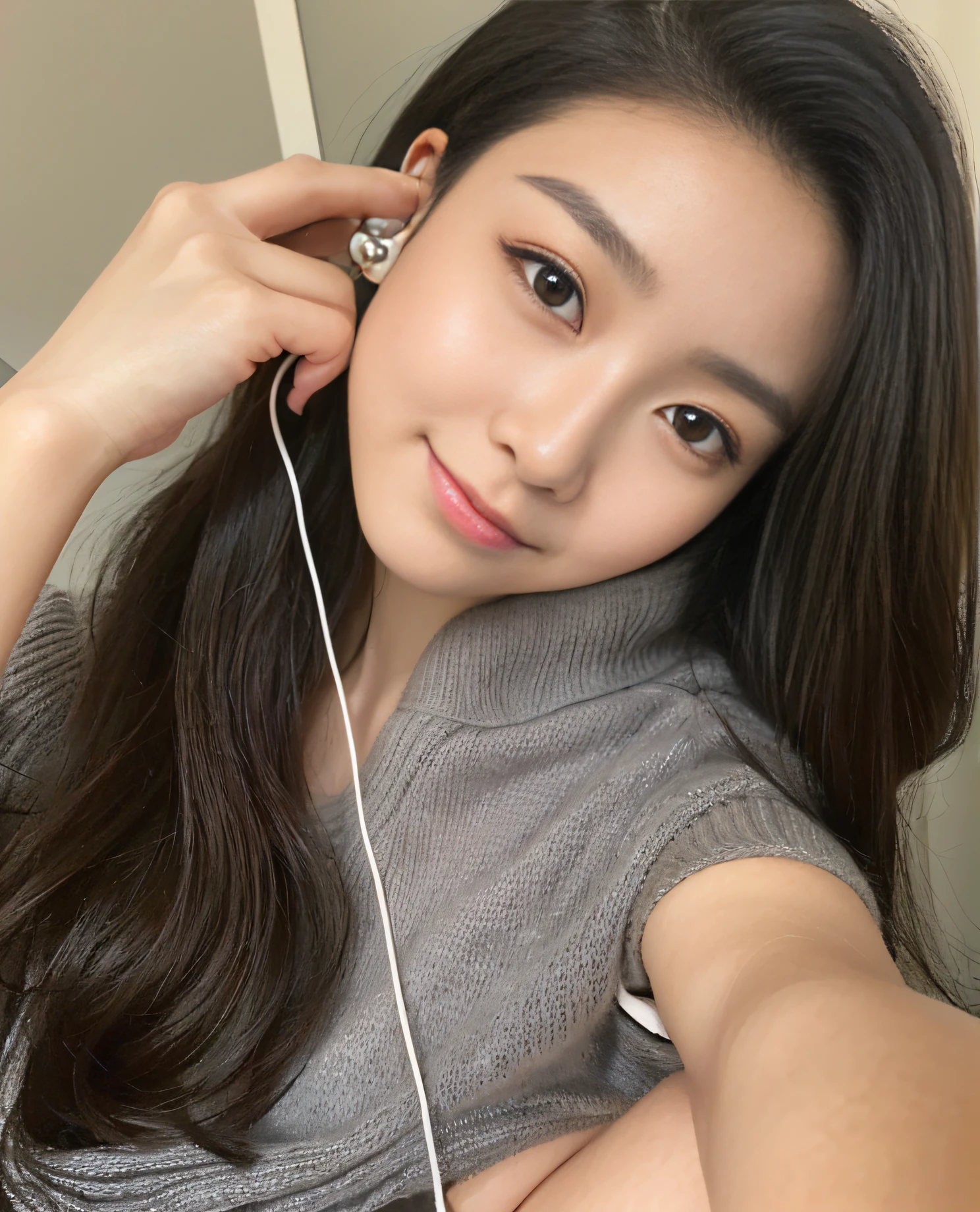 (Masterpiece:1.3)、(8k、Photo Realistic、RAW Photography、top-quality: 1.4)、super definition、anatomically correct、Textured skin、((((1girl、solo))))、((Shooting for one person only))、beautiful countenance、（realistic face）、Korean model(A dark-haired、Center division、Long:1.3）、Chinese models(A dark-haired、Center division、Long:1.3)、More Korean than Chinese、realistic eyes、real looking skin、Beautiful details、Beautiful skins、A charming smile、super high resolution、（hyper-realistic）、anatomically correct、Textured skin、Sharp jawline、perfect proportions 、((plump bust))、Necklace, wearing wired earphones,wearing a black sweater,The fabric of the sweater is black