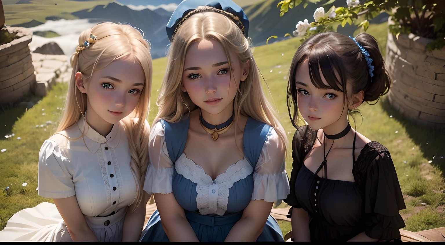 Full portrait photo from below of a beautiful 18 year old girl with golden hair, sitting on a high mountain, with a clear blue cloudy sky behind her, sitting next to two pretty girls, "Blue eyes, smiling radiant teeth, slim waist, long white legs..."