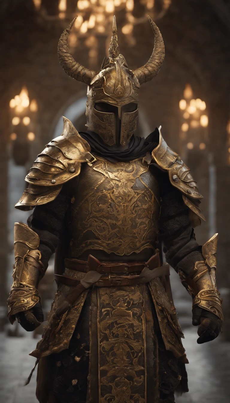 warrior, concept-art, author:Kishiganku, Fantasy art, Zen temple background, clean render, a horned, Wear a set of armor, Detailed bushido form smoke, helmet of a forgotten deity, character is standing, 8k Realistic, in game render, detailed face background detail, Art station front page, taur, Pseudo-medieval fantasy, A deity wearing koi armor, detailed bronze armor, Bronze armor, golden etched armor, gold obsidian armor, Light gold armor, Gorgeous filigree armor, A demonic warrior, Gorgeous armor full of thorns, Intricate assasin armor, Intricate metal armor, powerful warrior, Dressed in gorgeous golden armor,Decorated with intricate patterns, The helmet has a large crown and two horns, Everything is in the dark, The smoky background alludes to battle scenes, Add an ominous aura to his character