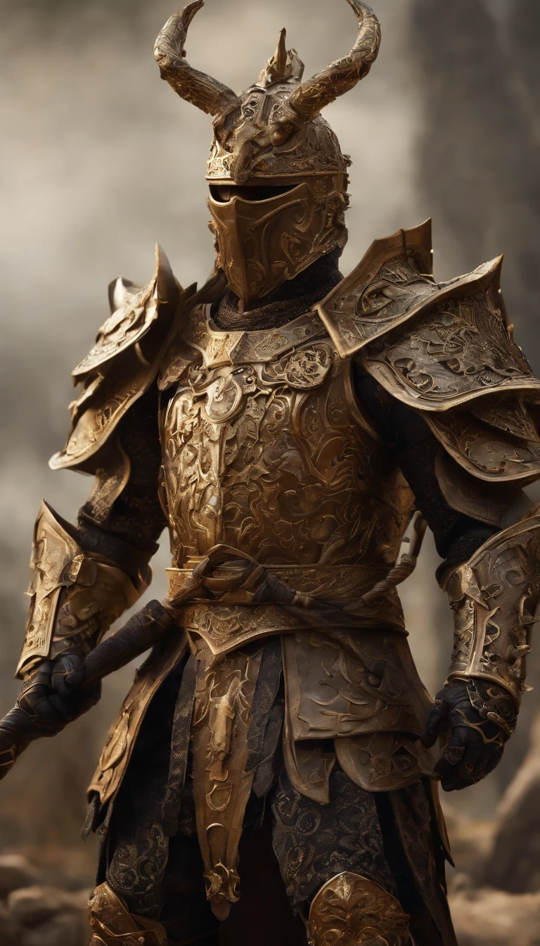 warrior, concept-art, author：Kishiganku, Fantasy art, Zen temple background, clean render, a horned, Wear a set of armor, Detailed bushido form smoke, helmet of a forgotten deity, character is standing, 8k Realistic, in game render, detailed face background detail, Art station front page, taur, Pseudo-medieval fantasy, A deity wearing koi armor, detailed bronze armor, Bronze armor, golden etched armor, gold obsidian armor, Light gold armor, Gorgeous filigree armor, A demonic warrior, Gorgeous armor full of thorns, Intricate assasin armor, Intricate metal armor, powerful warrior, Dressed in gorgeous golden armor，Decorated with intricate patterns, The helmet has a large crown and two horns, Everything is in the dark, The smoky background alludes to battle scenes, Add an ominous aura to his character