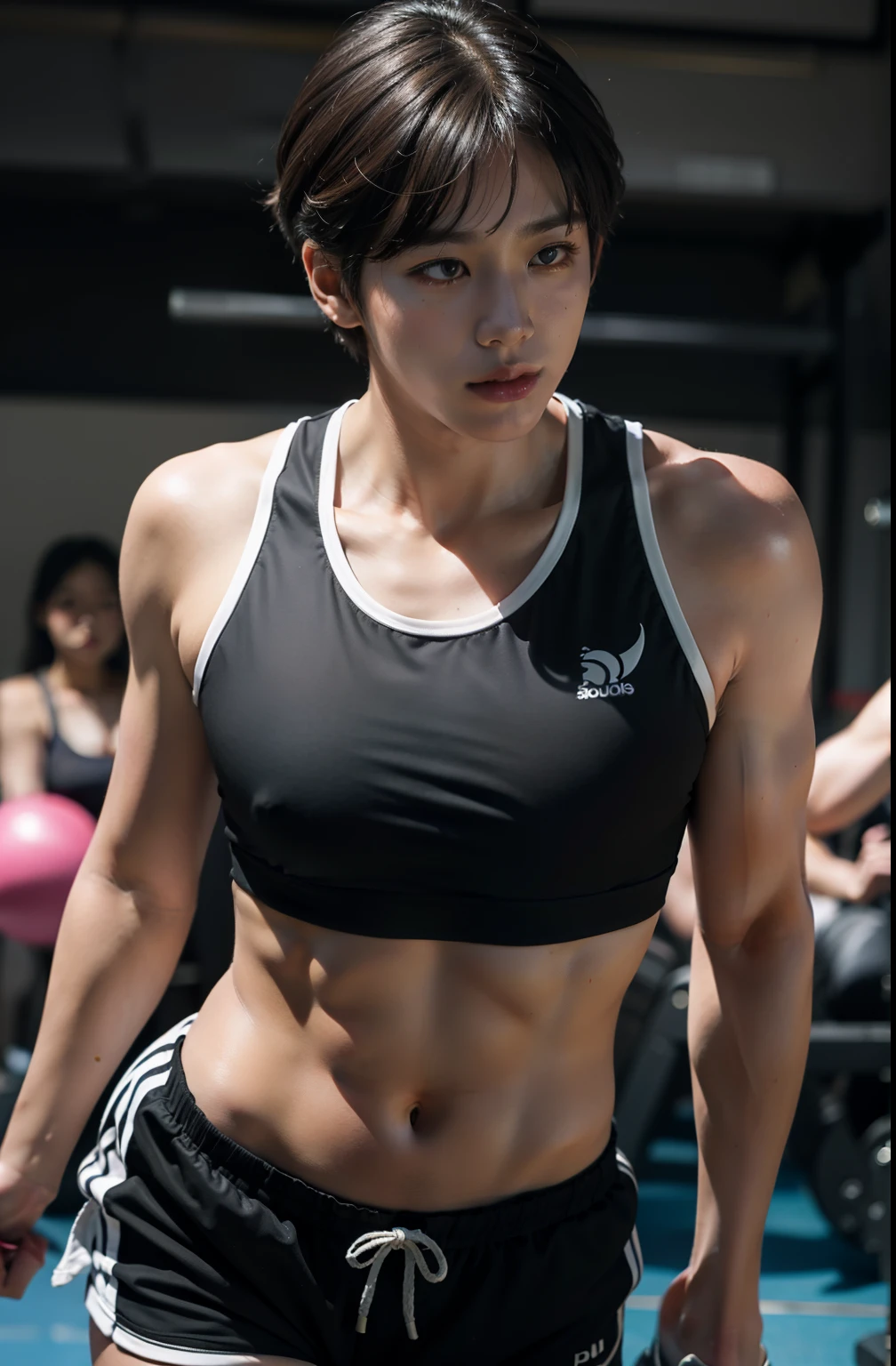 best quality, super high resolution, (Realistic: 1.4), foto busto, dingy gym, 1 Asian boy, Standing, gym clothes, short hair, Parte superior do corpo nua, Muscles, shorts, Yang Jeon Jungkook, (looking up at the audience), (Close-up)