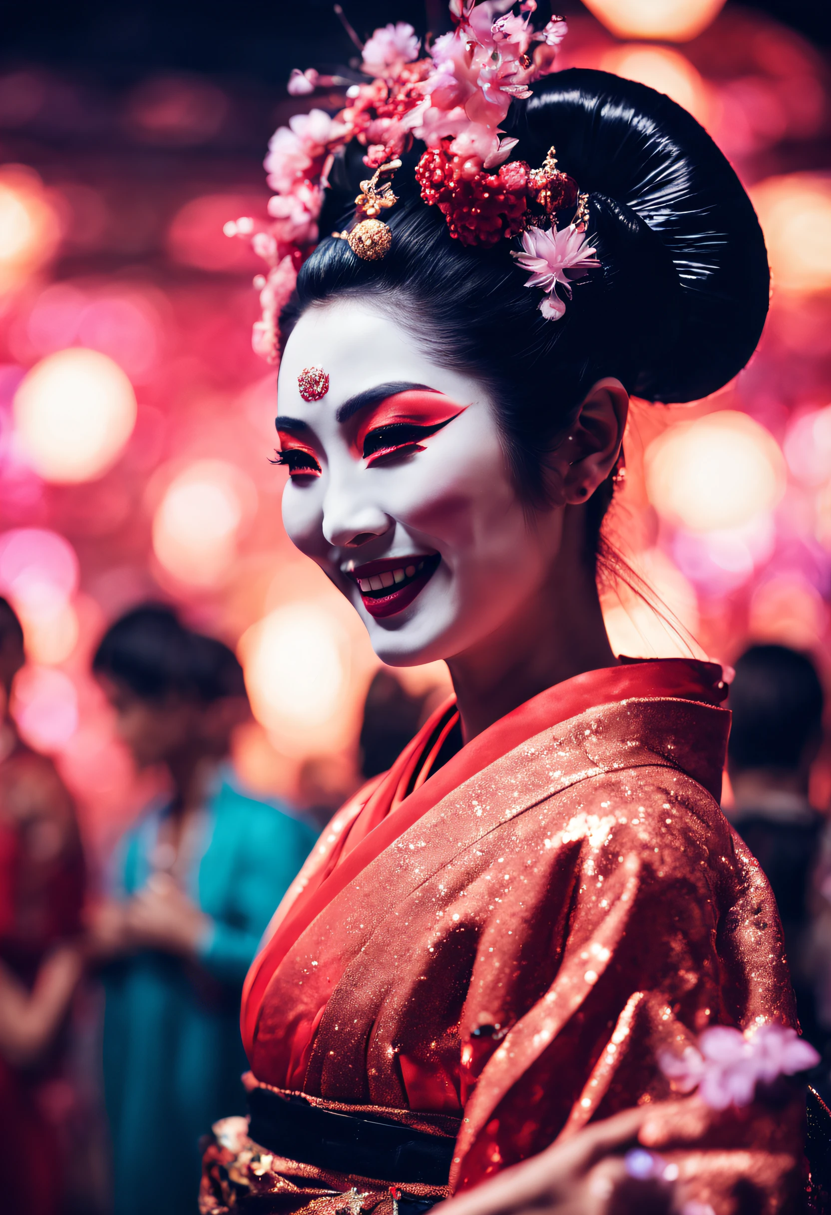 Nightclub photo, Japanese geisha, glitter, smile, flawless skin, surrounded by dancing people, high quality background, ultra detailed scenery, ultra sharp focus, shot by MSchiffer.