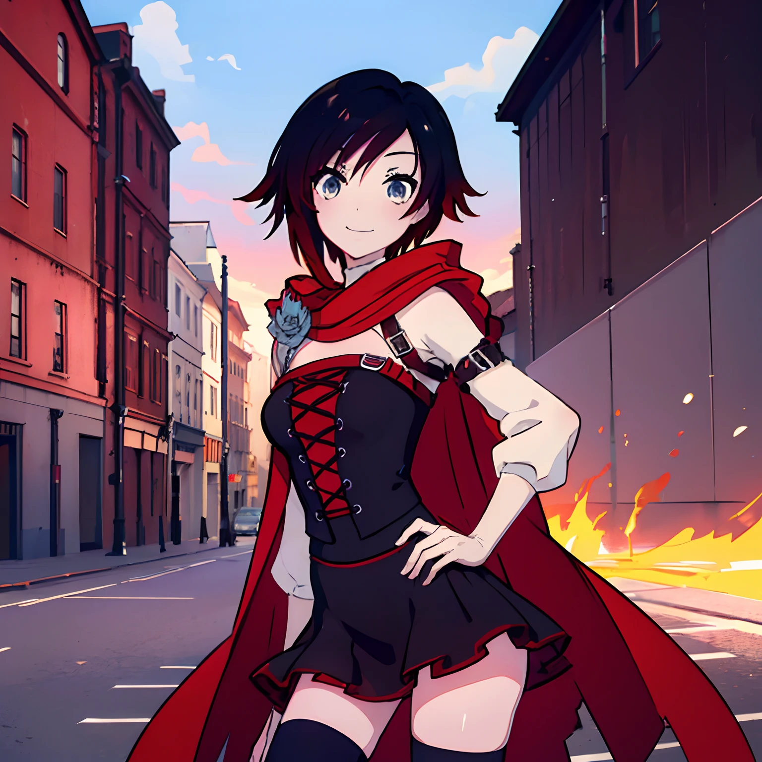 ((masutepiece,Best Quality)),  absurderes, ruby_nffsw,  Hands on hips, Solo, Smiling, Looking at Viewer, Cowboy Shot, Cinematic composition, Dynamic Pose､Black short skirt､Brand new beautiful red robe､