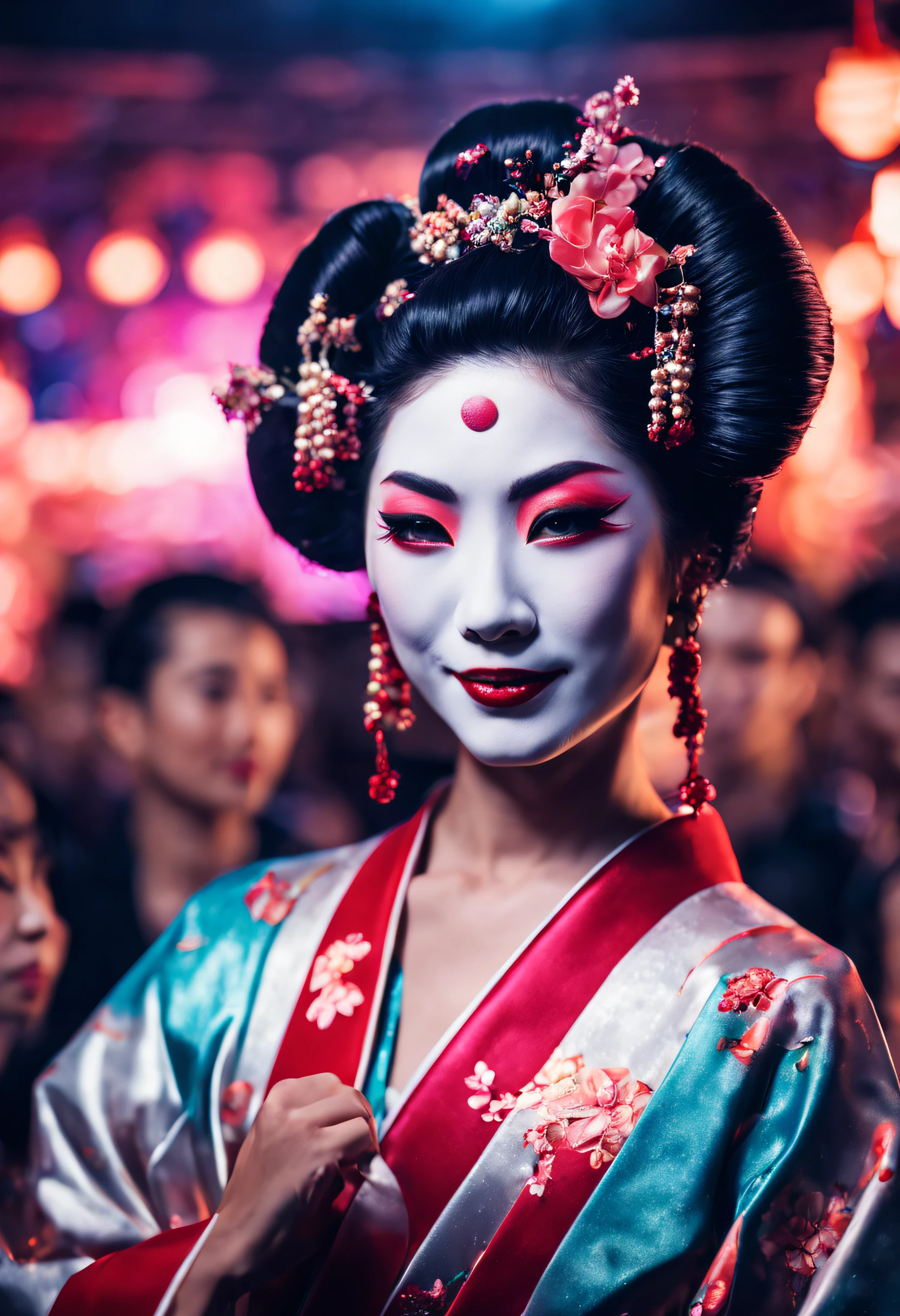 Nightclub photo, Japanese geisha, glitter, smile, flawless skin, surrounded by dancing people, high quality background, ultra detailed scenery, ultra sharp focus, shot by MSchiffer.